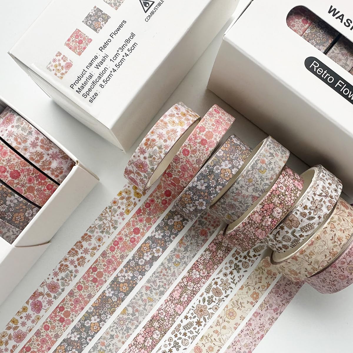 Zestaw taśm Washi w stylu vintage, 8 rolek, cienkie, dekoracyjne, antyczne wzory, taśmy maskujące do sztuki, rękodzieła, dzienników, planerów, scrapbookingu, pakowania (małe kwiaty)