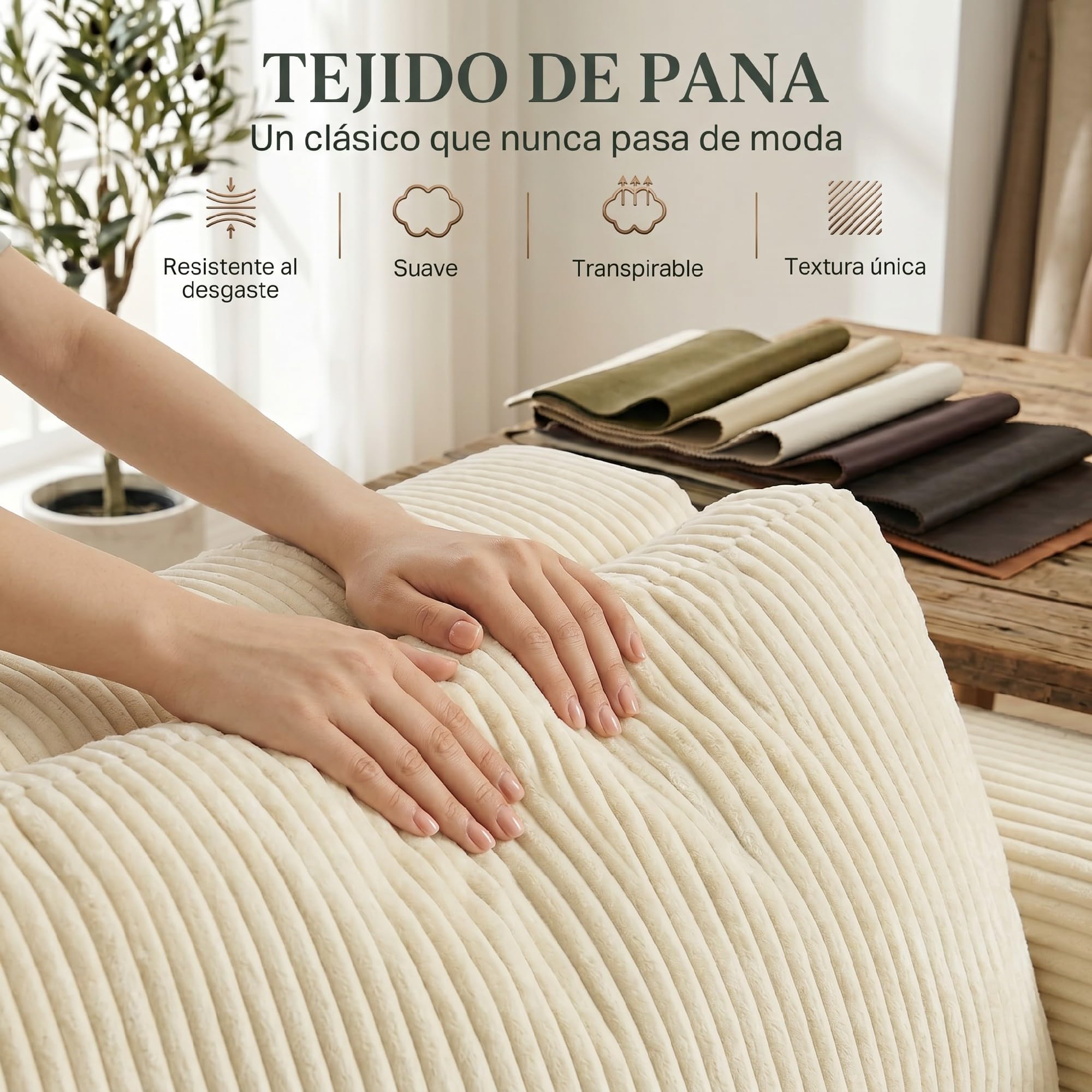 HOMCOM Sofá de 3 Plazas con Acolchado Grueso en Pana 202x90x76 cm Beige | Sofá de Salón, Asiento Extra Profundo, Reposabrazos Anchos, 2 Almohadas