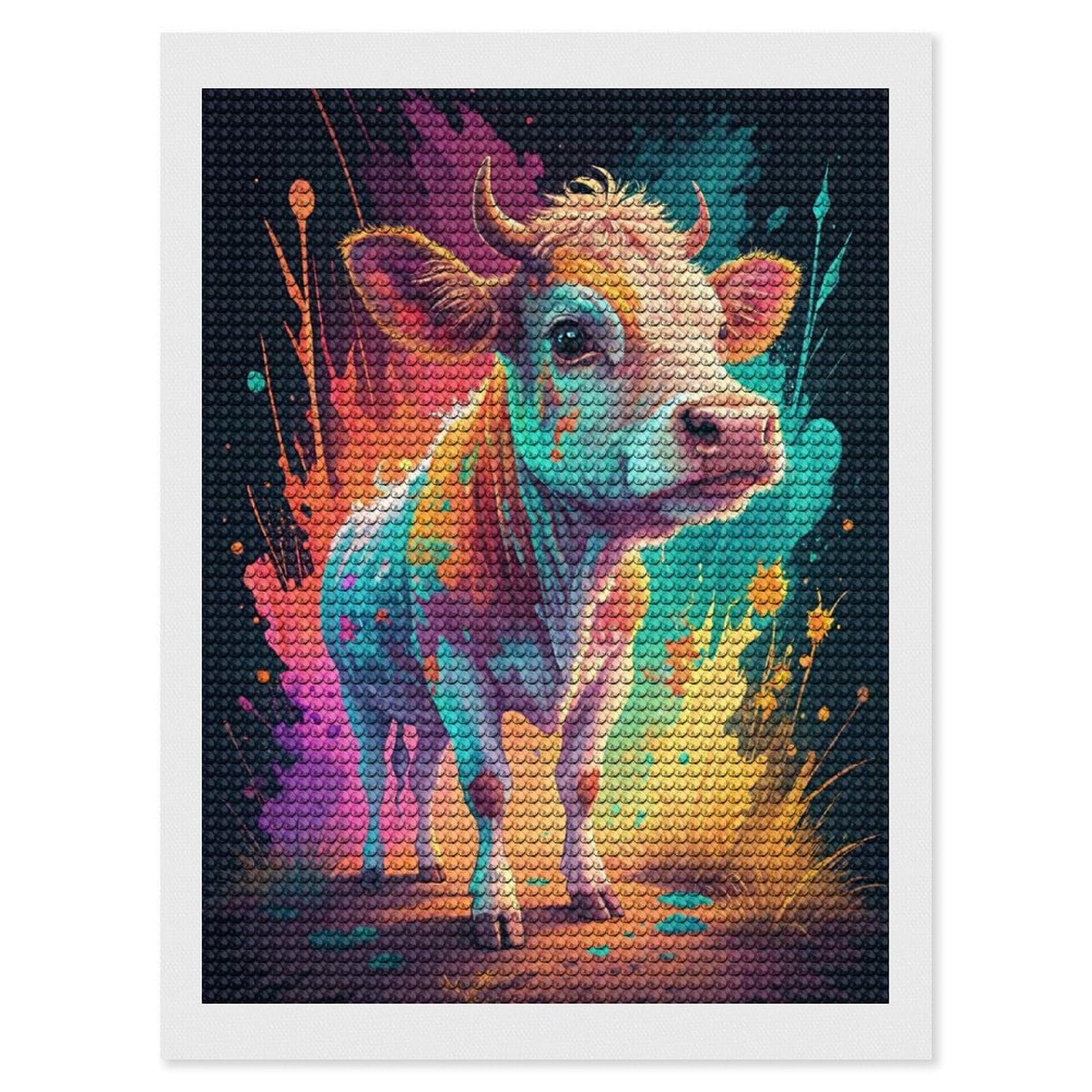 Junmoney Colorful Cow with Splattered Paint Diamond Painting Canvas Set 12"x16", for Women, Pleasing Wall Art Project, Aesthetic Room Decor, Gift Idea