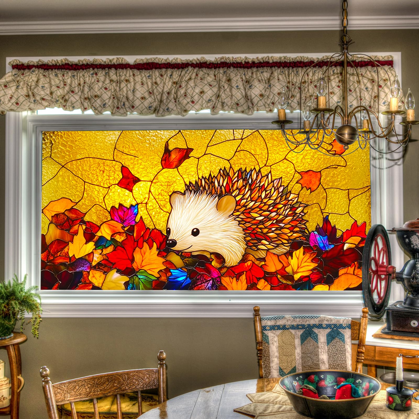 HOMETITUTE Autumn Window Cling Hedgehog Window Sticker Static Windows Cling Fall Windows Privacy Film Horizontal Glass Decal 39.37x17.72 Inch for Home Kitchen Classroom Seasonal Decor