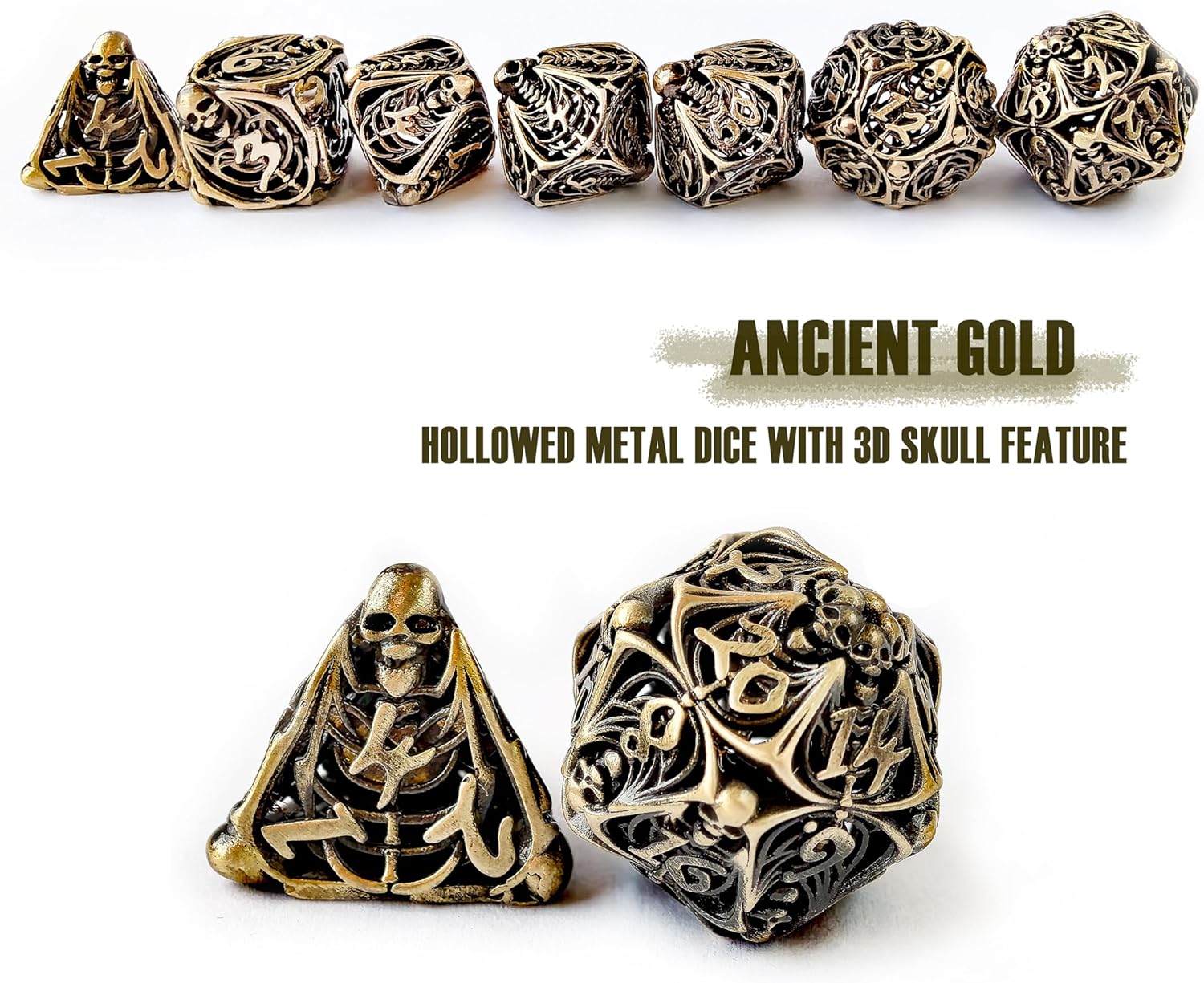 Copper Hollow Polyhedral DND 7pcs Dungeons and Dragons Metal dice with 3D Skull Feature, Hollowed Metal Dice Ancient Gold
