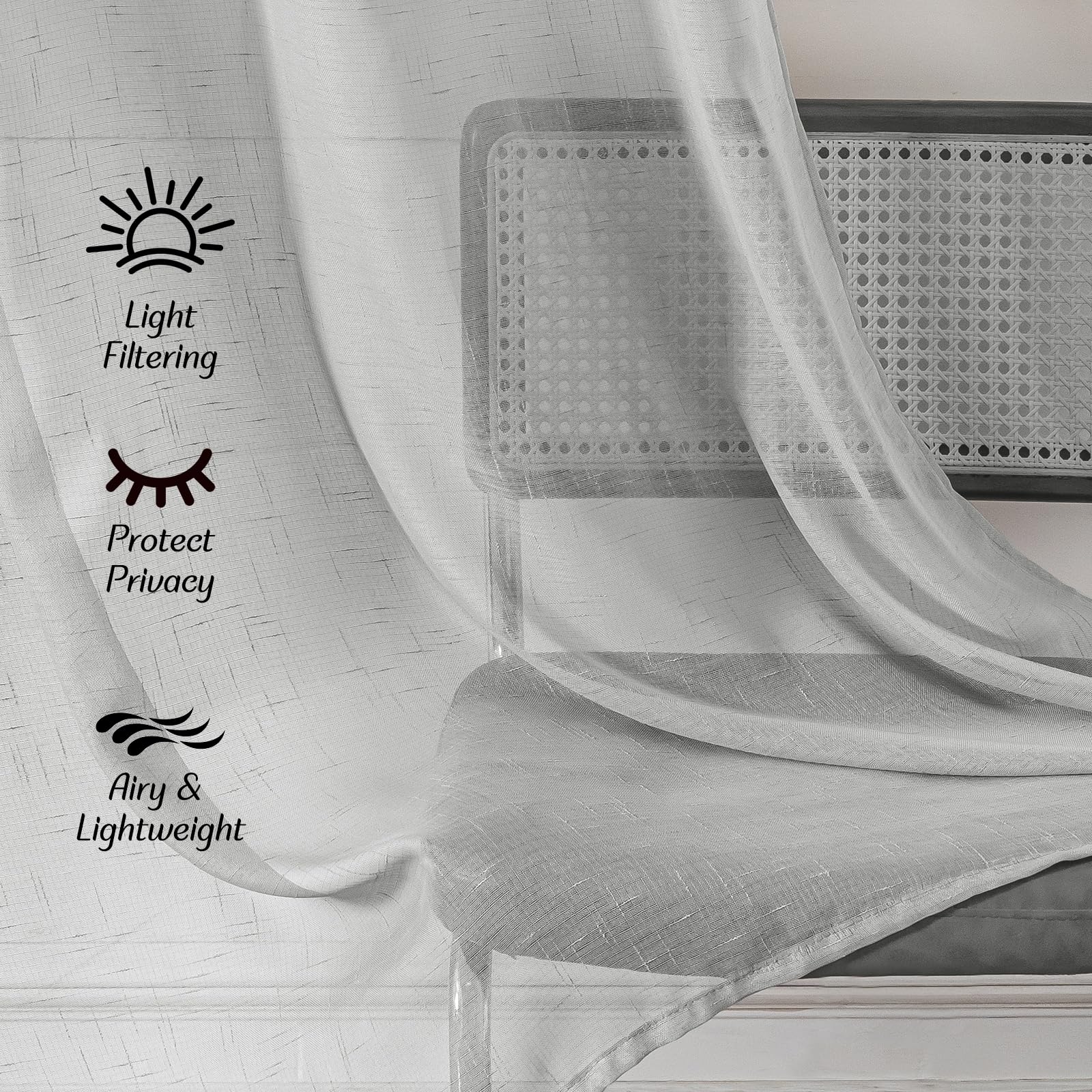 Ystyle Rideau Transparent Lot De 2, 70x150 CM, Rideau Cuisine Lin Effet, Voilage Intérieurs Passe Tringle Léger, Décoration Maison Moderne Pour Chambre Salon Balcon, Lumineux Filtrer, Gris Clair