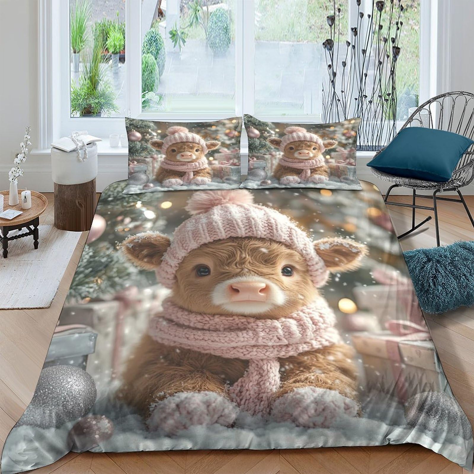 XFKLYNVCJ 3D Printed cute calf winter Comforter Cover Polyester christmas cozy style Duvet Cover Stain Resistant Durable for Young Adults Rental Home Uni Student Bedroom Use King（220x240cm）