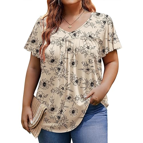 IN'VOLAND Plus Size Womens Ruffle Sleeve Tunic Tops V Neck Summer Shirts Floral Print Tops Dressy Blouse