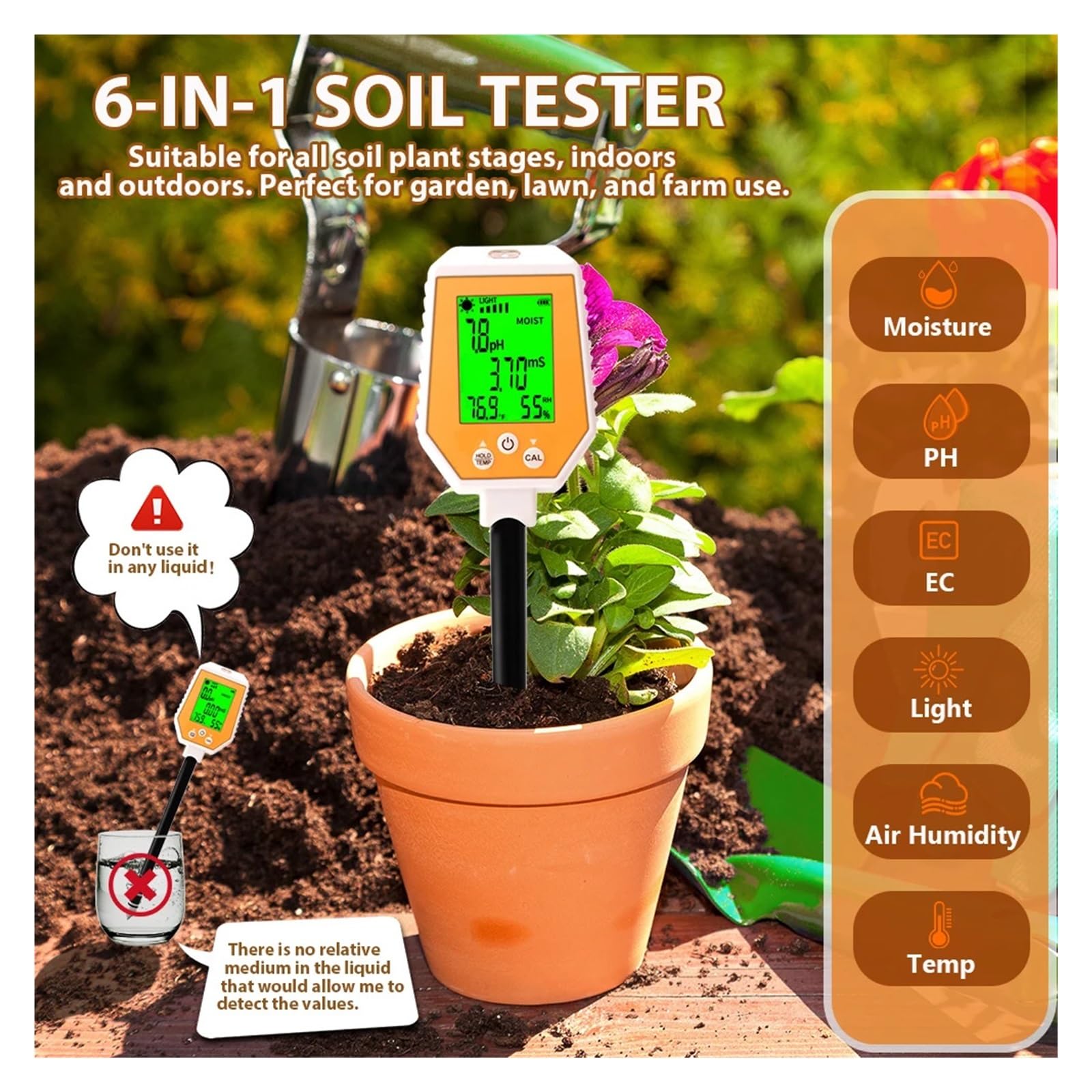 Medidor De Suelo 6 En 1: PH, CE, Humedad, Luz Solar, Humedad Del Aire Y Temperatura. Medidor De PH Y Conductividad De Alta Precisión For Jardinería Y Agricultura.