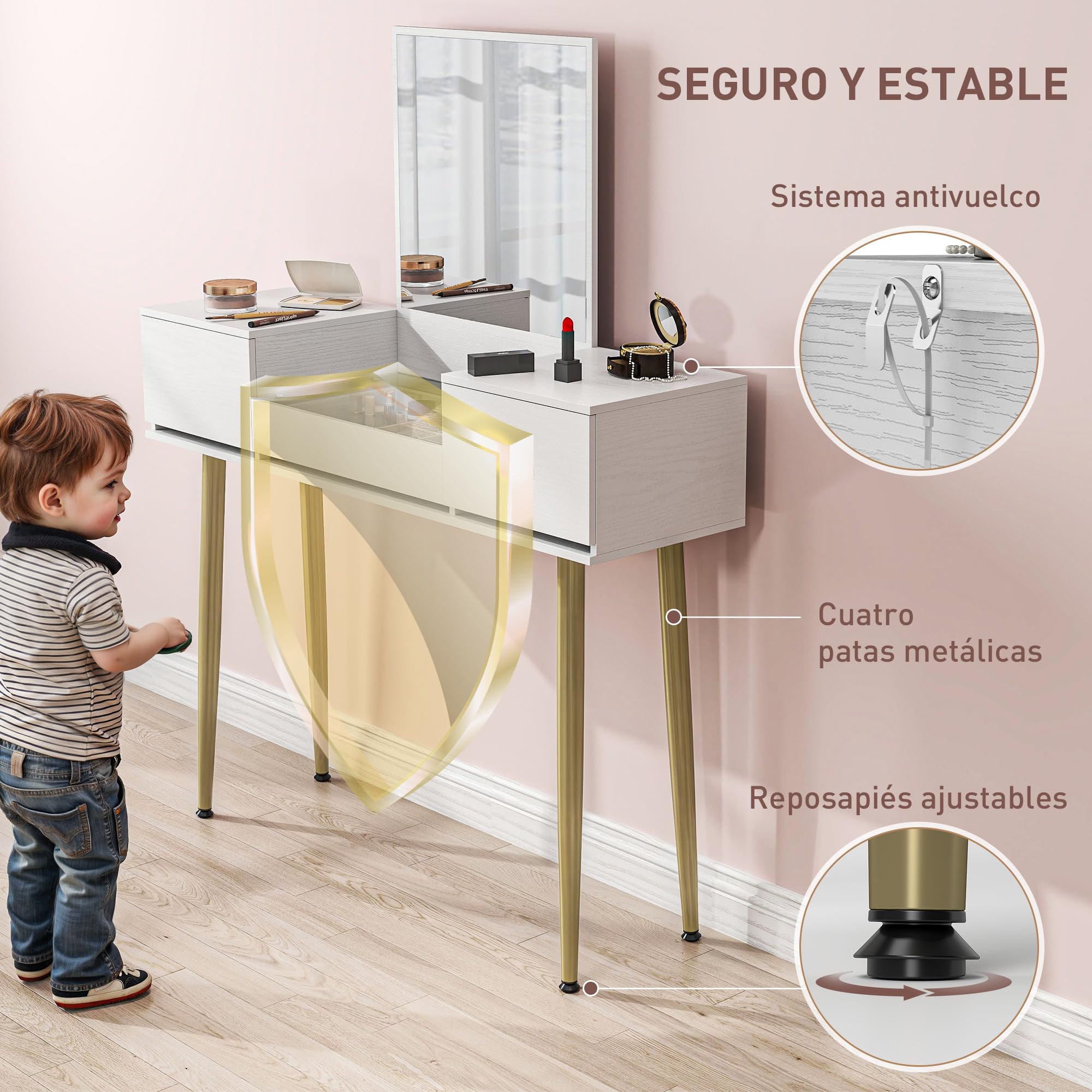 HOMCOM Tocador de Maquillaje con Espejo Tocador con Encimera de Vidrio Templado Visible 3 Cajones Mesa de Maquillaje Moderna para Dormitorio Blanco