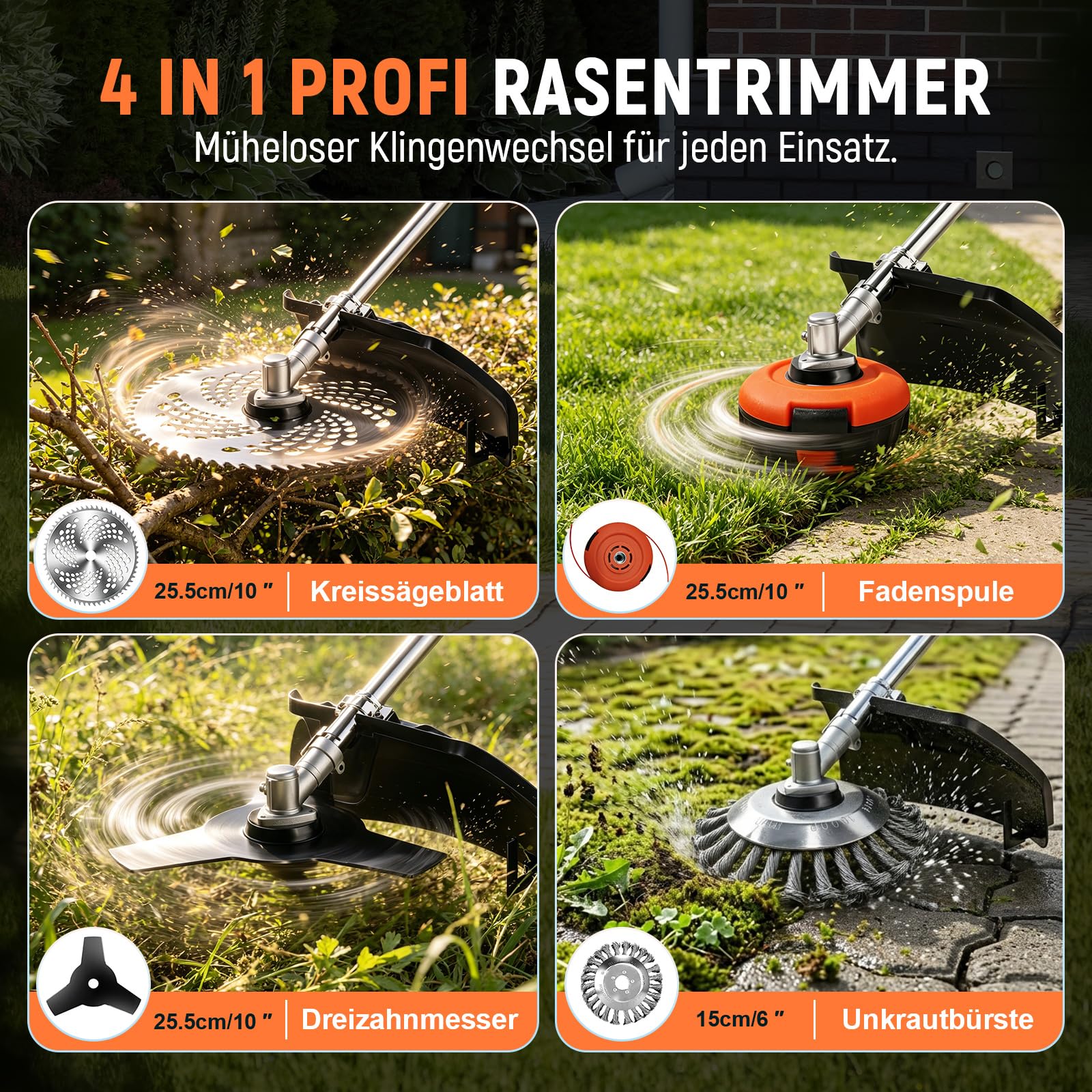 Rasentrimmer mit Akku,4-in-1 für Makita-Akkus,950W | Bürstenloser Motor, 15cm Unkrautbürste, 3m Tap&Go, Längerer Schaft, 2x 4.0Ah Akku, Garden Trimmen
