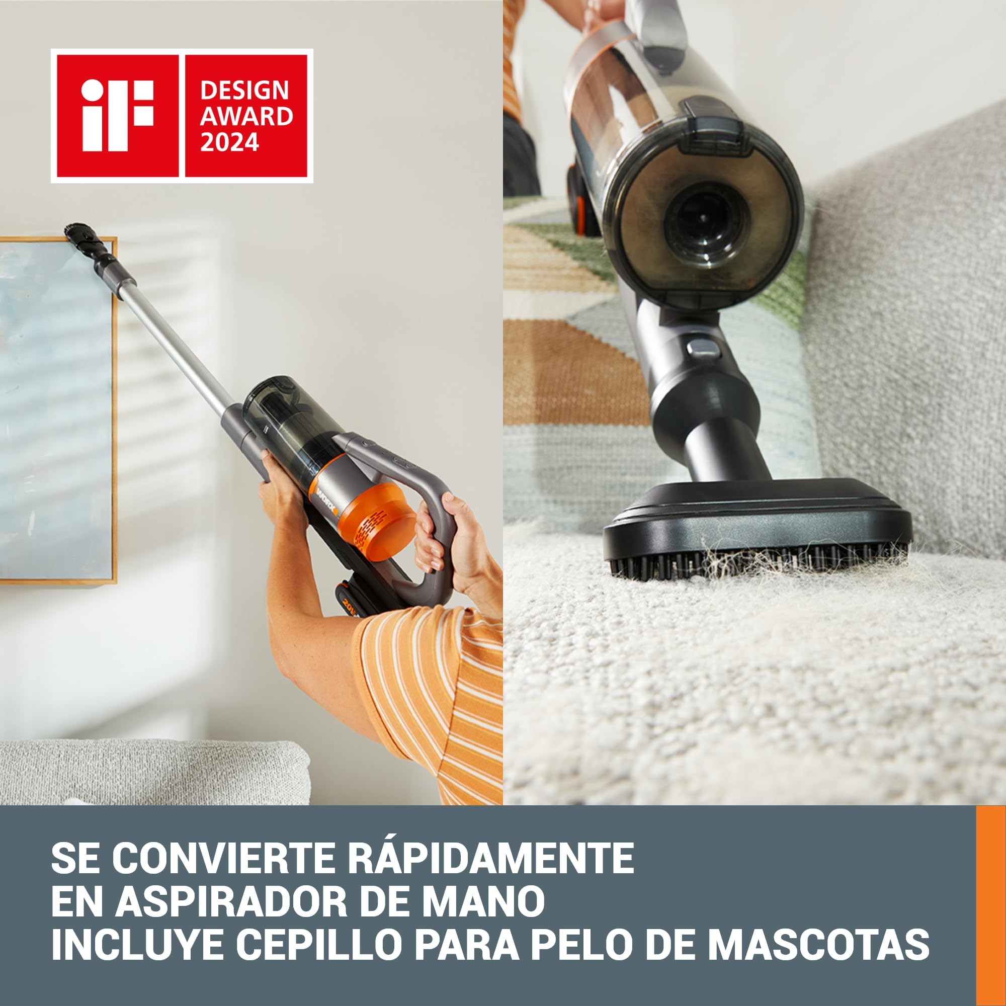 WORX Aspirador Escoba sin Cable 20V WX038, Potente 25Kpa, hasta 45 min de Autonomía, para Pelos de Mascotas, Suelos, Alfombras, Coches - 2 Baterías PowerShare y Cargador Dual de Pared incluidos