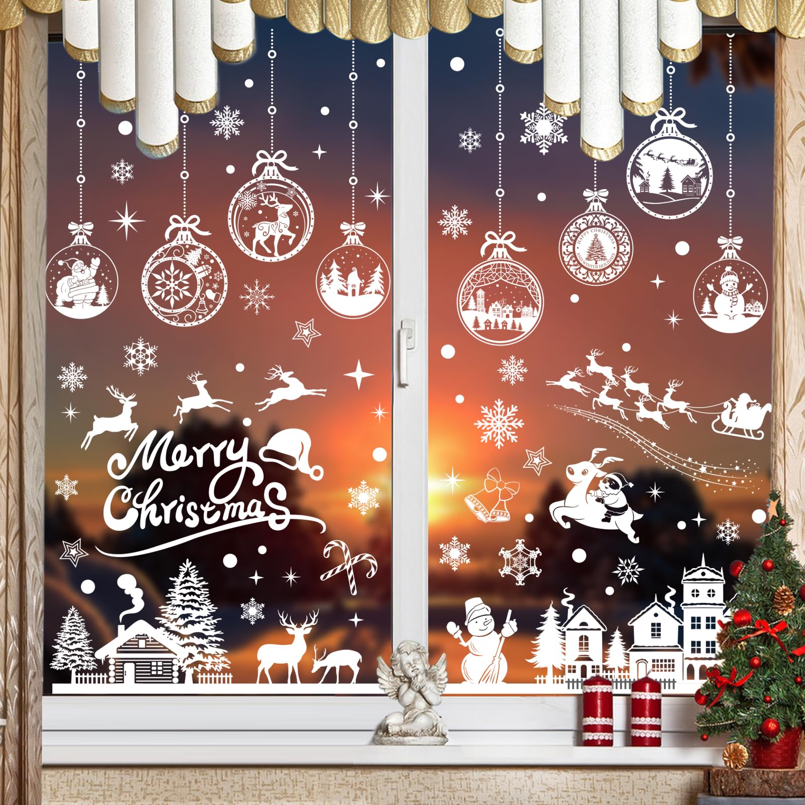 Enwokran Christmas Window White Stickers, 10 Sheet 245pcs Xmas Window Clings Decals Reusable Double Sided Printed Self Adhesive Window Decoration for Xmas Holiday Winter Party