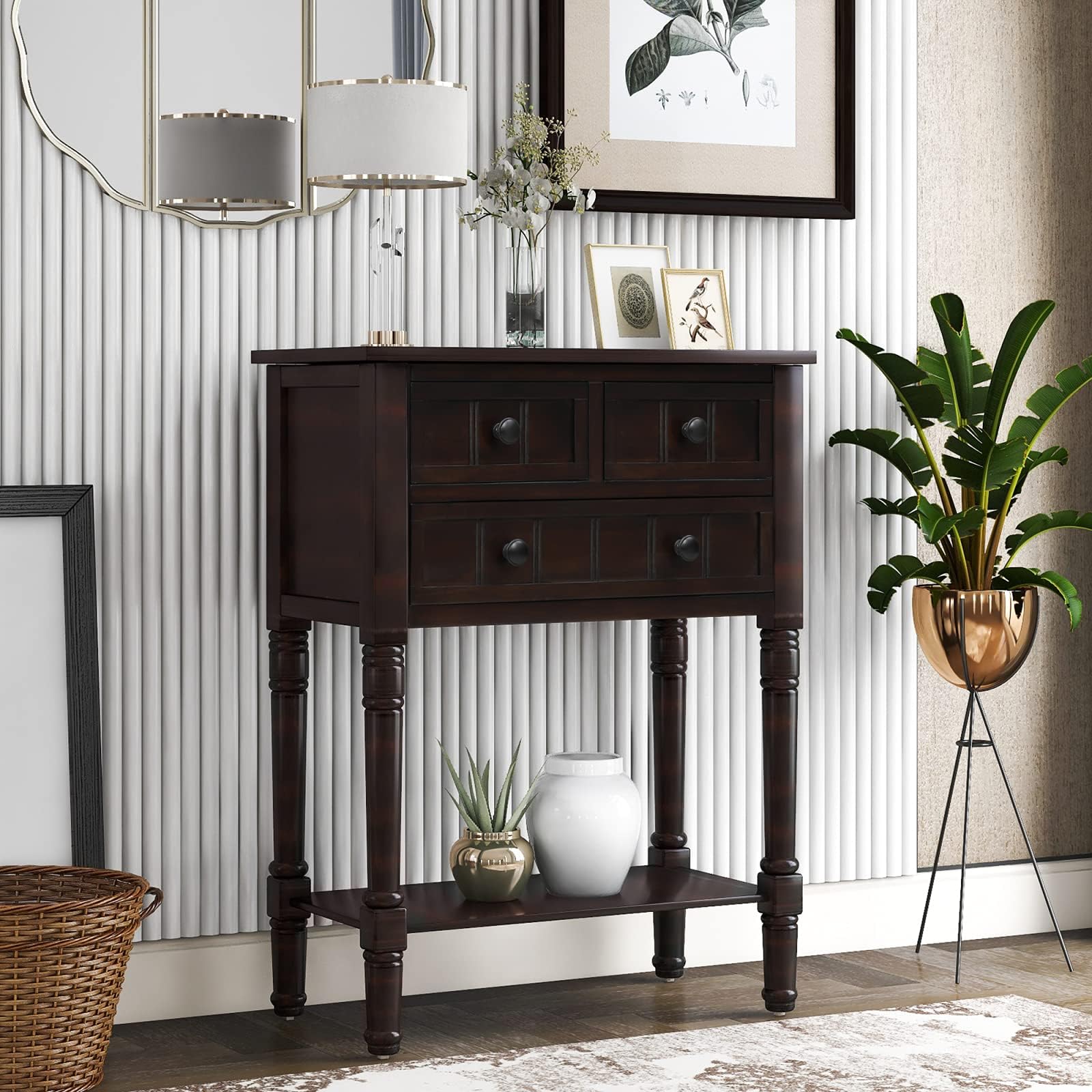 Pannow Narrow Console Table, Slim Sofa Table with 3 Storage Drawers and Bottom Shelf, Wood Side Table Rustic Sofa Table for Entryway Living Room Dining Room, Easy Assembly, Espresso
