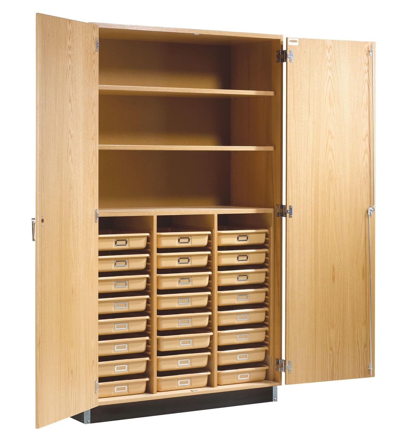 Diversified Spaces School Classroom Tall Tote Tray & Shelf Storage Cabinet, 48" W x 22" D x 84" H, 24 Trays, Oak Construction, Locking Double Doors, Chemical Resistant Finish, Made in USA