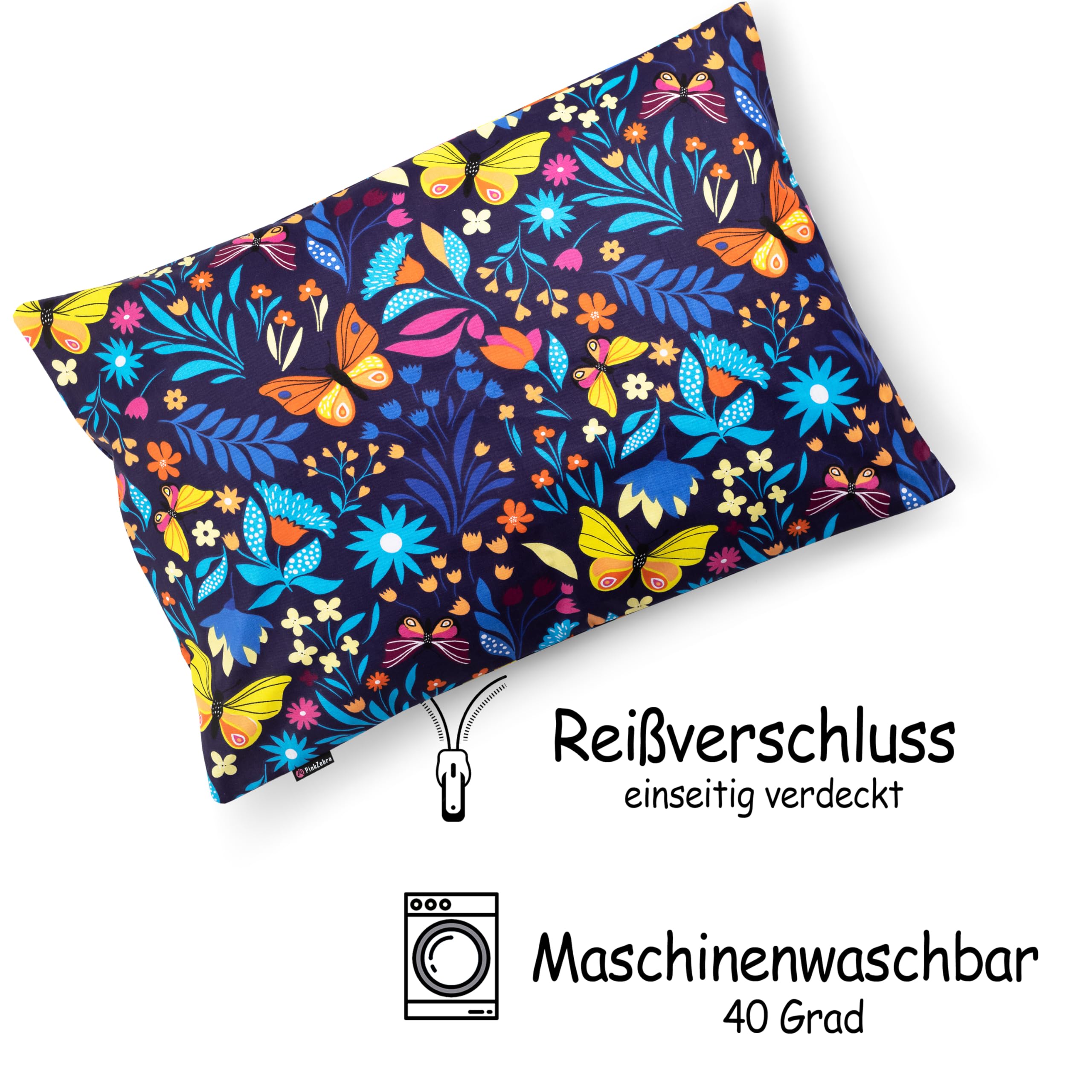 PinkZebra Kopfkissenbezug, Kissenbezug 60 x 80 cm aus 100% Baumwolle, Kissenhülle, Öko-tex Standard 100, Kinderbezüge mit Reißverschluss, Schmetterlinge Bunt