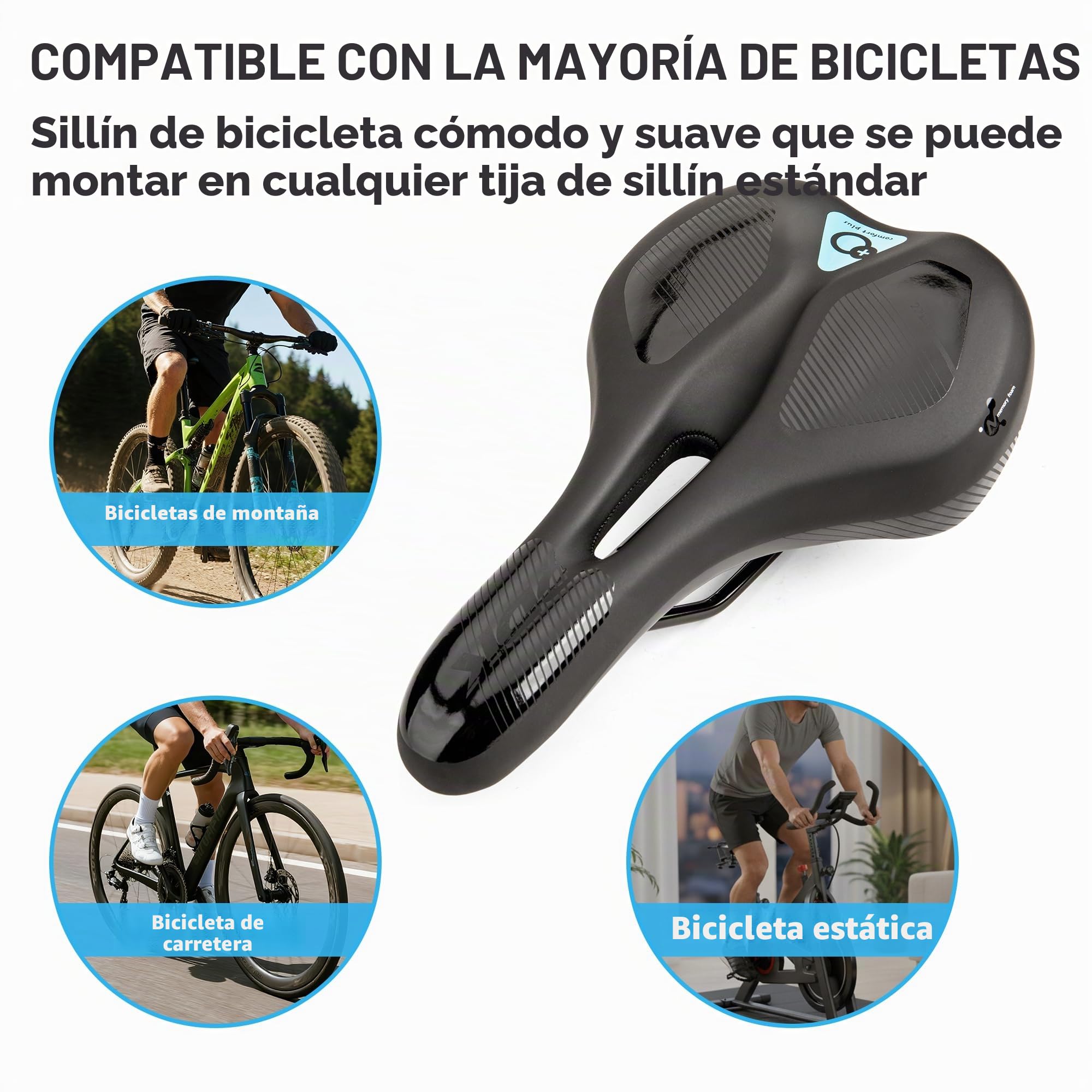 DDK Comfort Plus - Sillín de Bicicleta con Espuma viscoelástica para aliviar la presión y amortiguar los Golpes, cómodo y Suave sillín Acolchado para Hombre y Mujer
