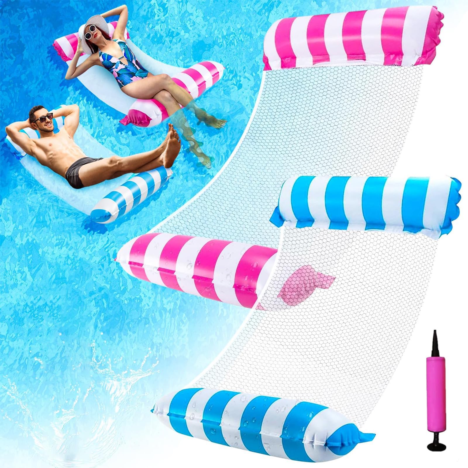 NIFTYY 2 Pack Inflatable Pool Floats for Adults, Water Hammock & Lounge Chair Air Mattress with Manual Pump, Pool Party Relaxing Lounger for Swimming Pool, Blue & Pink