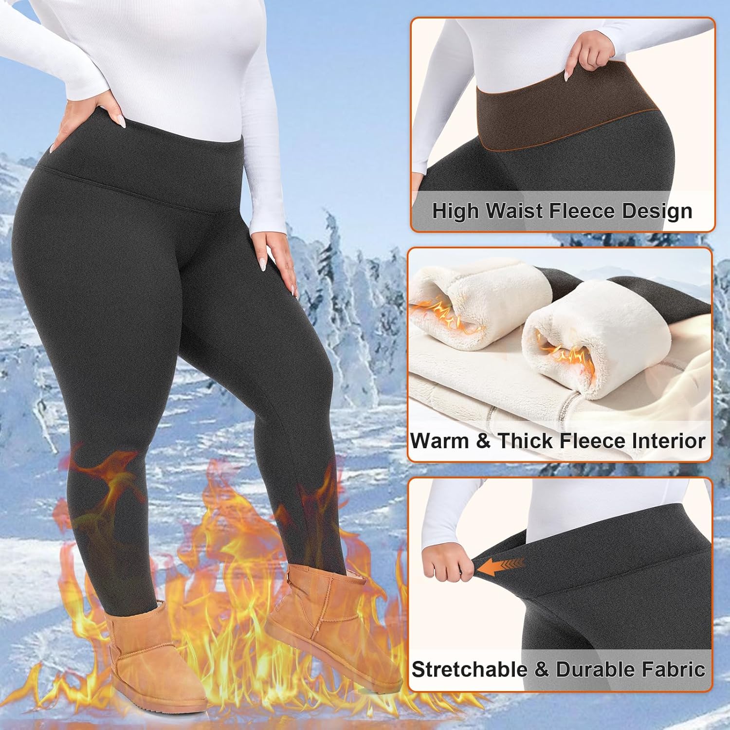 Plus Size Fleece Lined Leggings Women - Thick Soft Black Tummy Control Thermal Warm Velvet Winter Pants for Women - Image 6