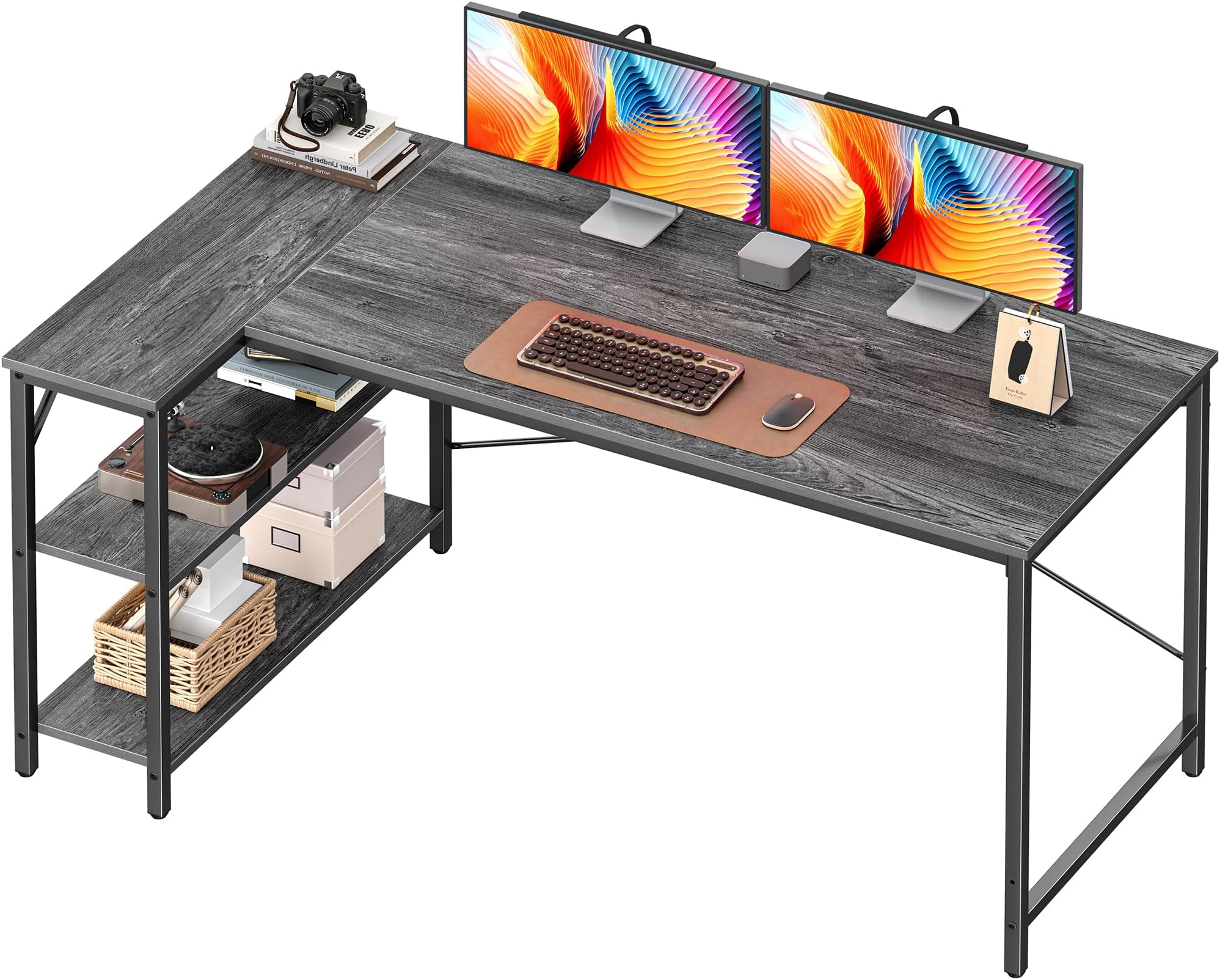 - Huuger L Shaped Desk, 55 Inches Computer Desk with Reversible Storage Shelves, for Gaming Corner Home Office Writing Study, Metal Frame, Gray