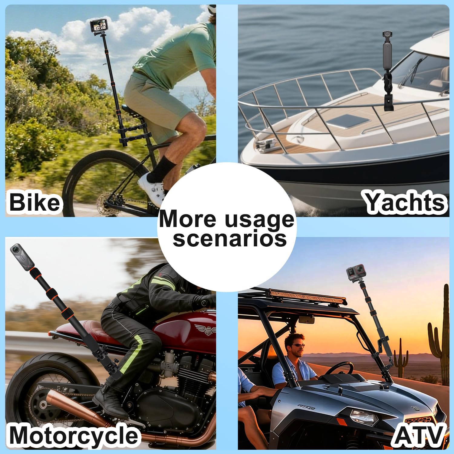 Motorrad-Kamera Halterung Set mit 43" Unsichtbarem Selfie Stick kompatibel mit Insta360 X5-X, Robuste Lenker Klemme kompatibel für GoPro 13-3, Osmo 360 Nano, Fahrrad ATV UTV Fahrten (Orange-Rot)