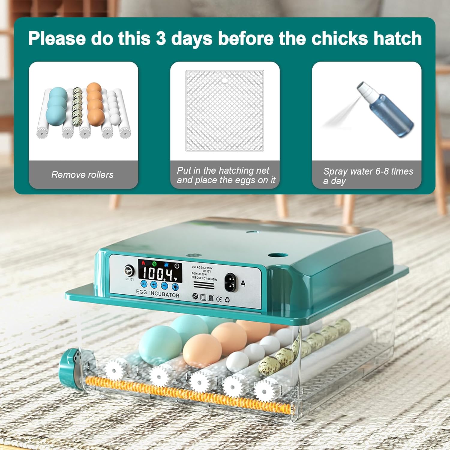 Incubators for Hatching 16 Eggs, Egg Incubator with Automatic Egg Turning and Humidity Fill, Temperature Control, Incubator with Adjustable Rollers for Chickens, Ducks, Geese, and Quails