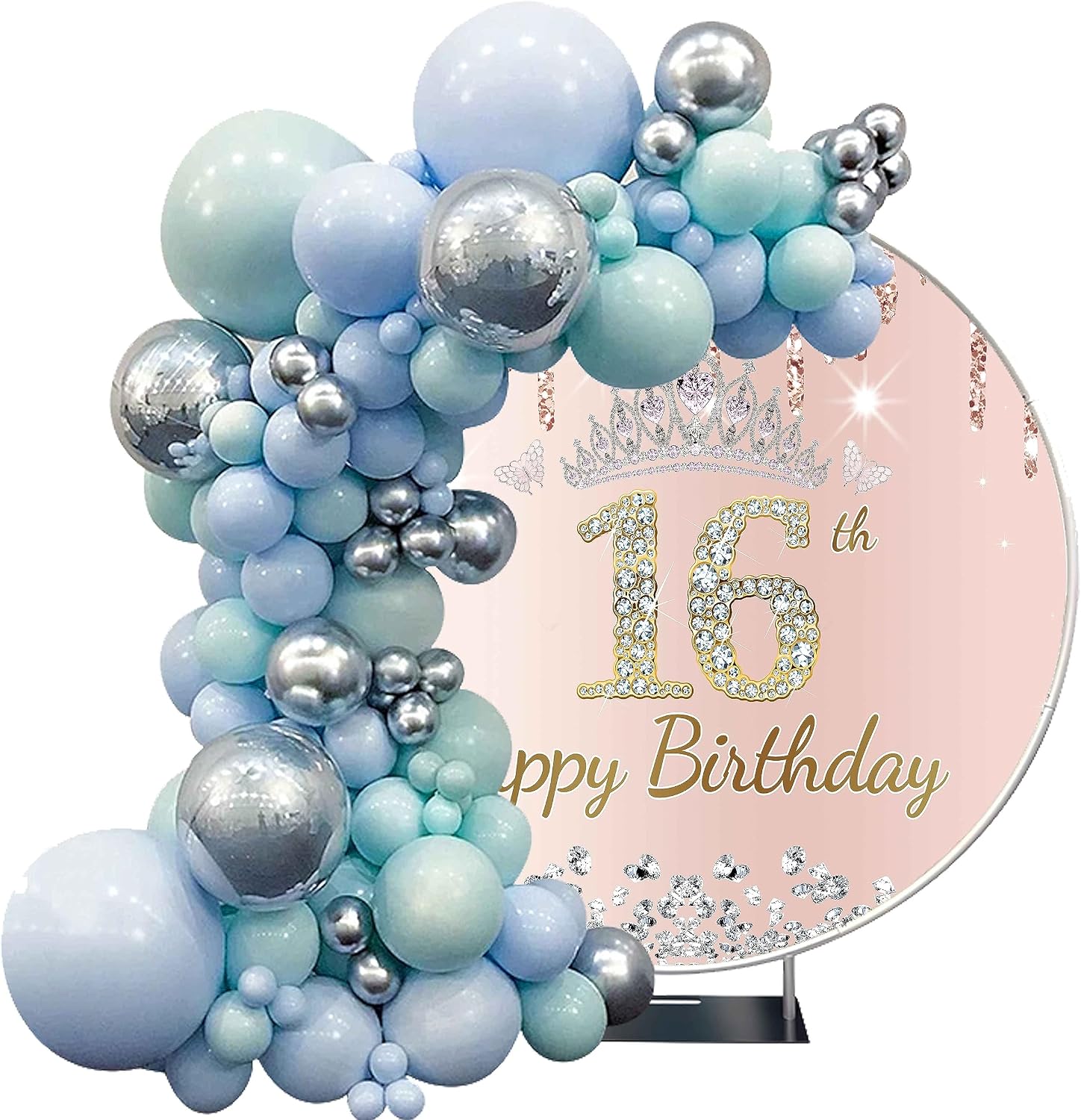Sweet 16th Birthday Round Backdrop Cover, 7.2x7.2ft Polyester Pink Rose Gold Glitter Silver Diamonds Circle Backdrop, Chic Circular Happy 16 Bday Banner Decorations Photo Booth Prop YMBXTPH190