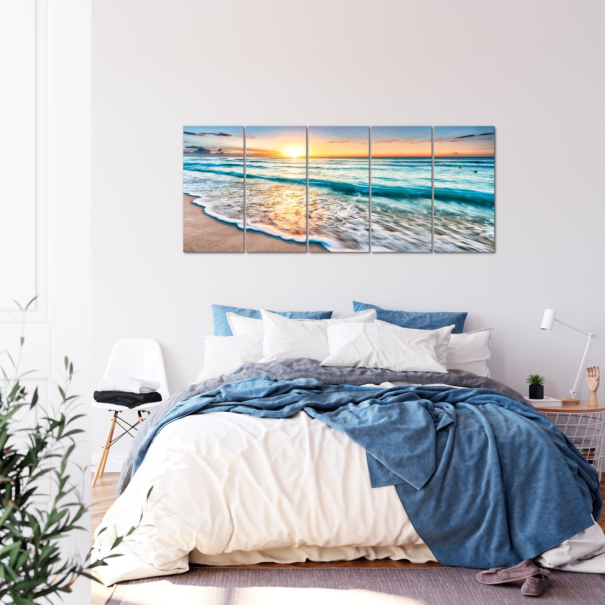 Runa Art Wandbild XXL Sonnenuntergang Strand Schlafzimmer Wohnzimmer 200 x 80 cm Beige Blau 5 Teilig - Made in Germany - 023755a