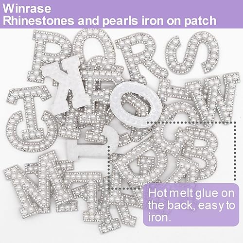 Miniatura 4 de Winrase Parche de letras A-Z para planchar con diamantes de imitación brillantes de perlas del alfabeto inglés, parche de costura para vestido de
