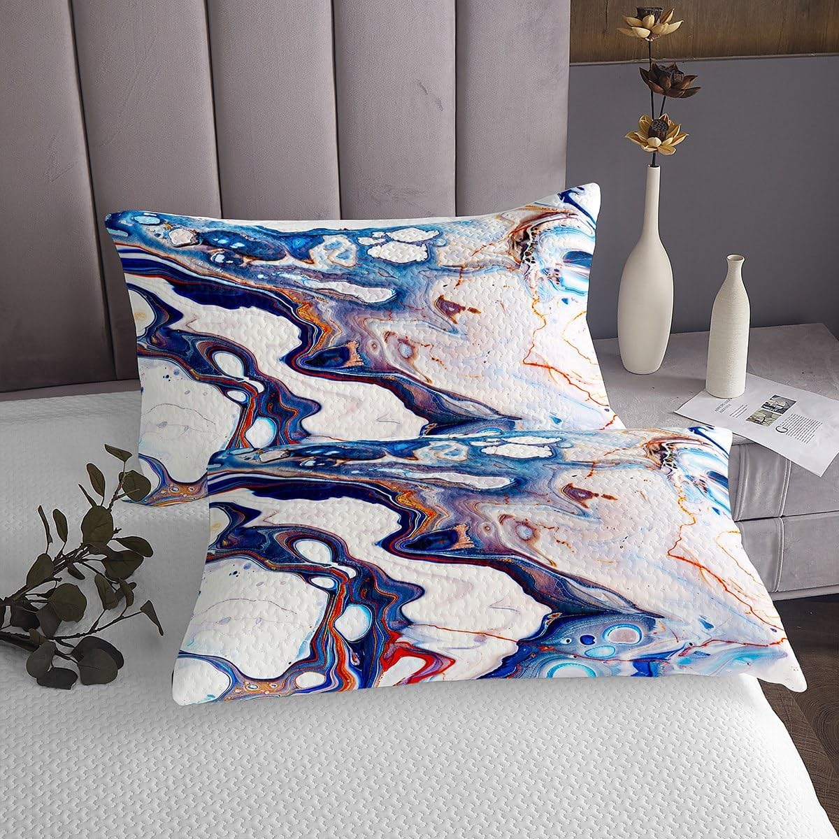 Girls Colorful Marble Quilt Set Women Abstract Marble Texture Coverlet Set for Boys Kids Bright Decor Psychedelic Swirl Bedspread Blue Purple and Coral Red Quilted Bedroom Collection King Size 3Pcs