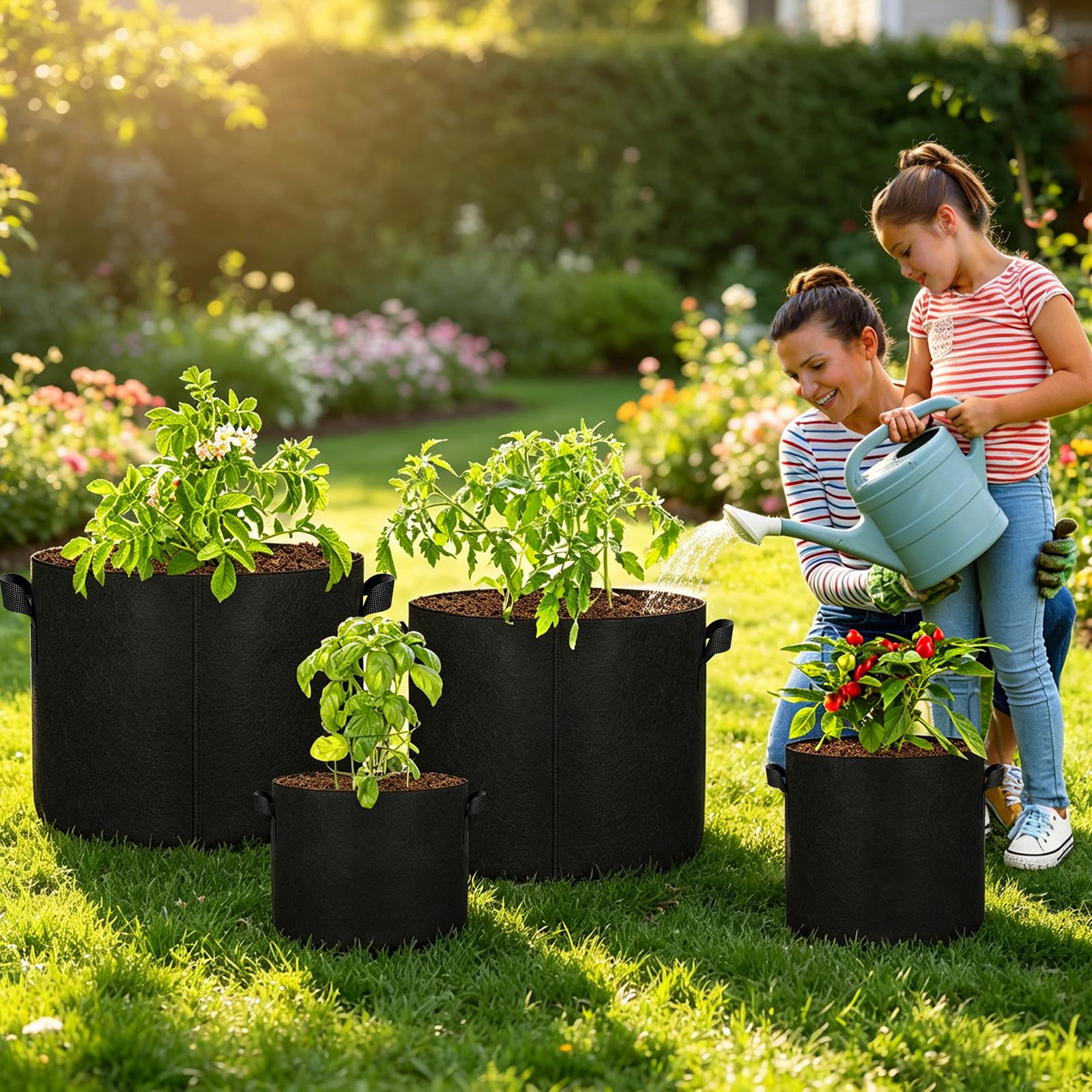 JERIA Lot de 12 Sacs de Culture pour légumes/Fleurs/Plantes, Pots d'aération en Tissu avec poignées (Noir), livrés avec 12 étiquettes pour Plantes