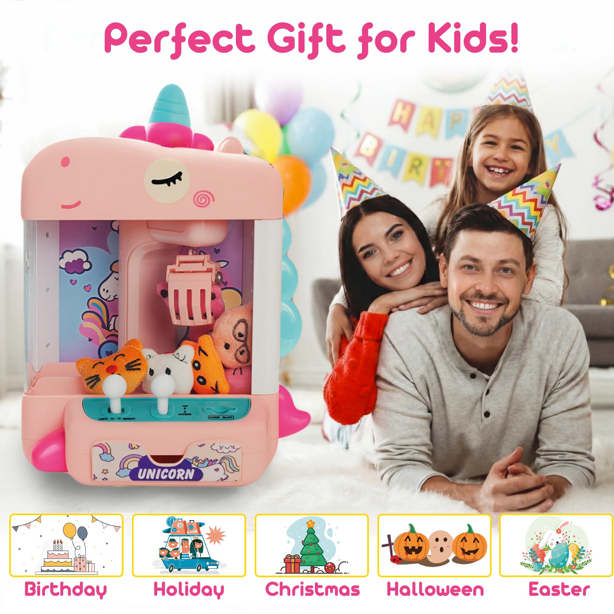 Krallenmaschine für Kinder mit 10 Plüschtieren, 10 Überraschungseiern & 50 Aufklebern – Mini-Arcade-Klauenspiel mit lautlosem Modus, LED-Lichtern, USB- oder batteriebetrieben – Geschenk für Mädchen
