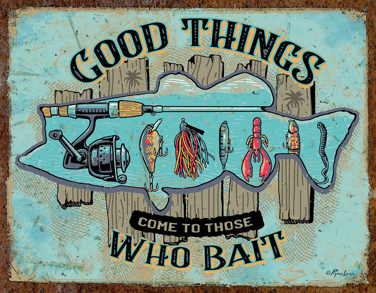 Bass Fishing Goodies Who Bait Lake Lodge Rustic Wall Decor Metal Tin Sign Vintage Farmhouse Poster, Housewarming Gift, Rustic Wall Decor Wall Sign Plaque Poster 12x8inch