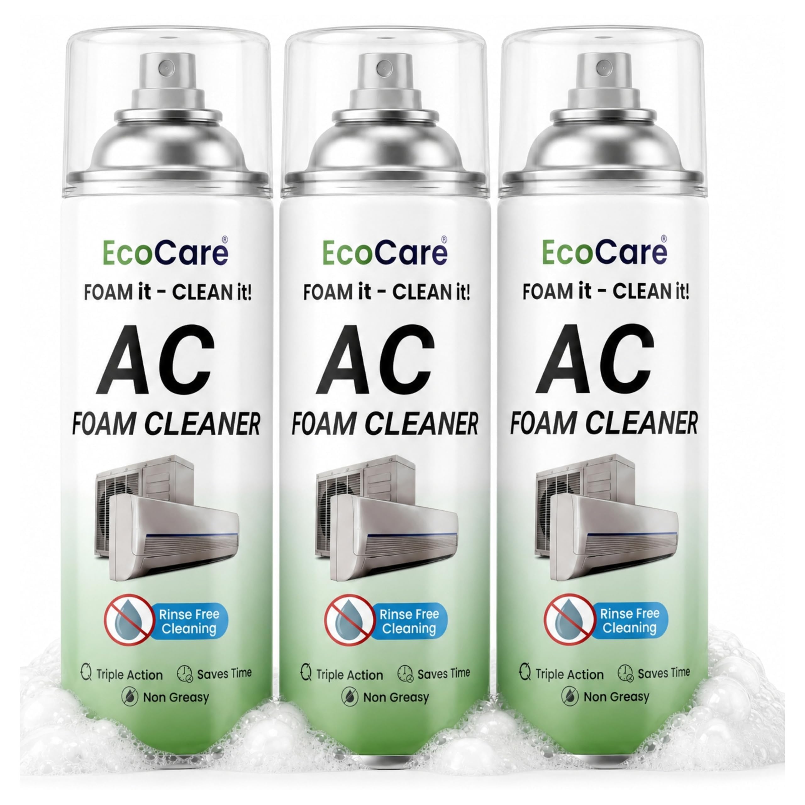 EcoCare Air Conditioner Cleaning Foam Spray For Split & Window AC - 500 ml (Pack of 3) |No Rinse Foaming Cleaner - AC Evaporator & Condenser Coil Cleaner |Removes Dust Mold & Odor | Fresh Cooling