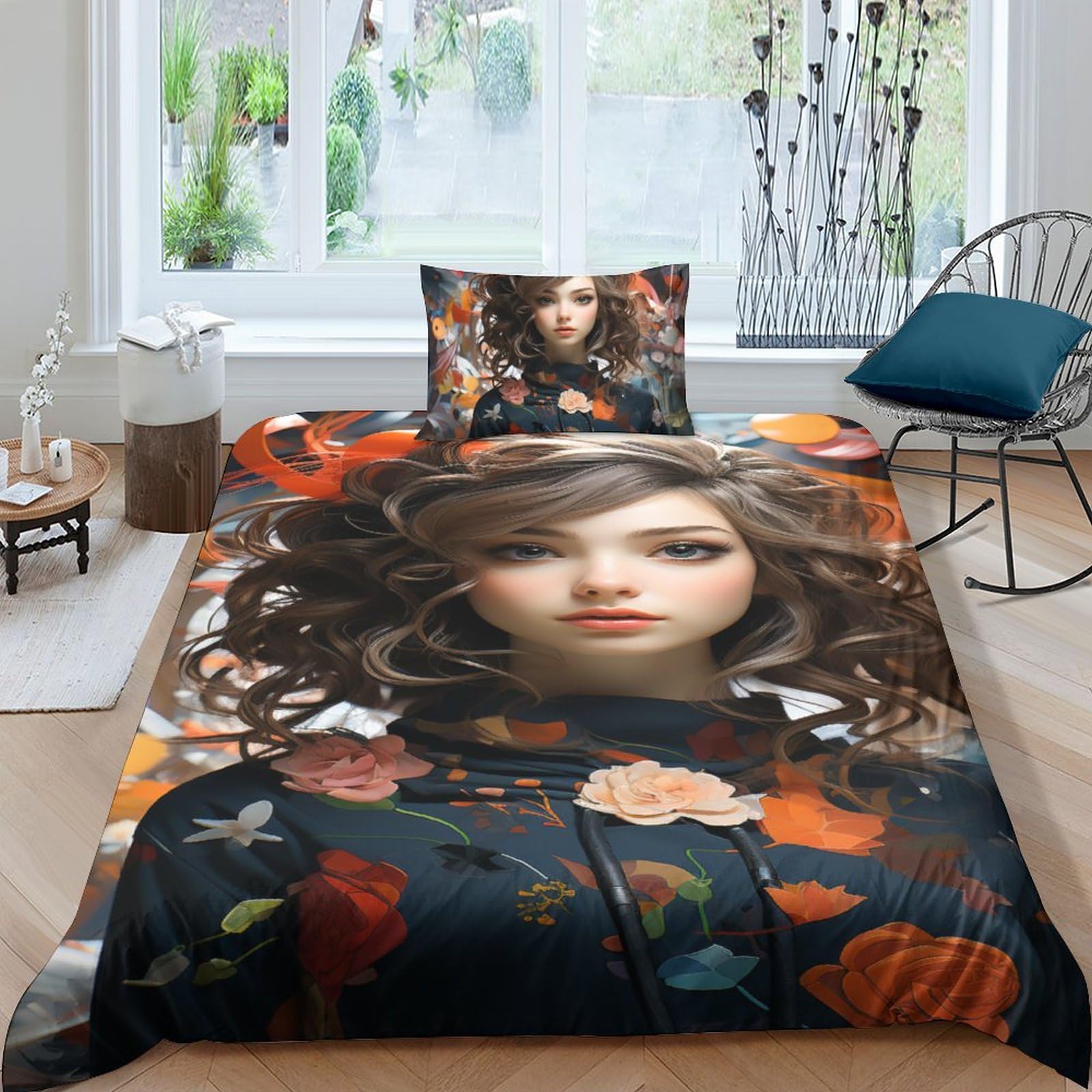 Ensemble de literie imprimé Long-haired Beauty en microfibre premium 3D à fermeture éclair