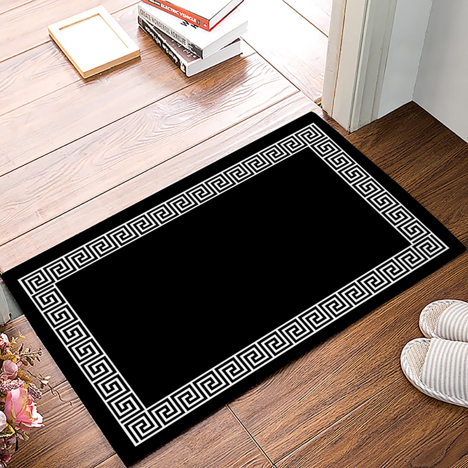 Welcome Rectangular Door Mat Black Greek Key Pattern Geometric Entrance Way Rugs Doormats Soft Non-Slip Washable Bath Rugs Floor Mats for Home