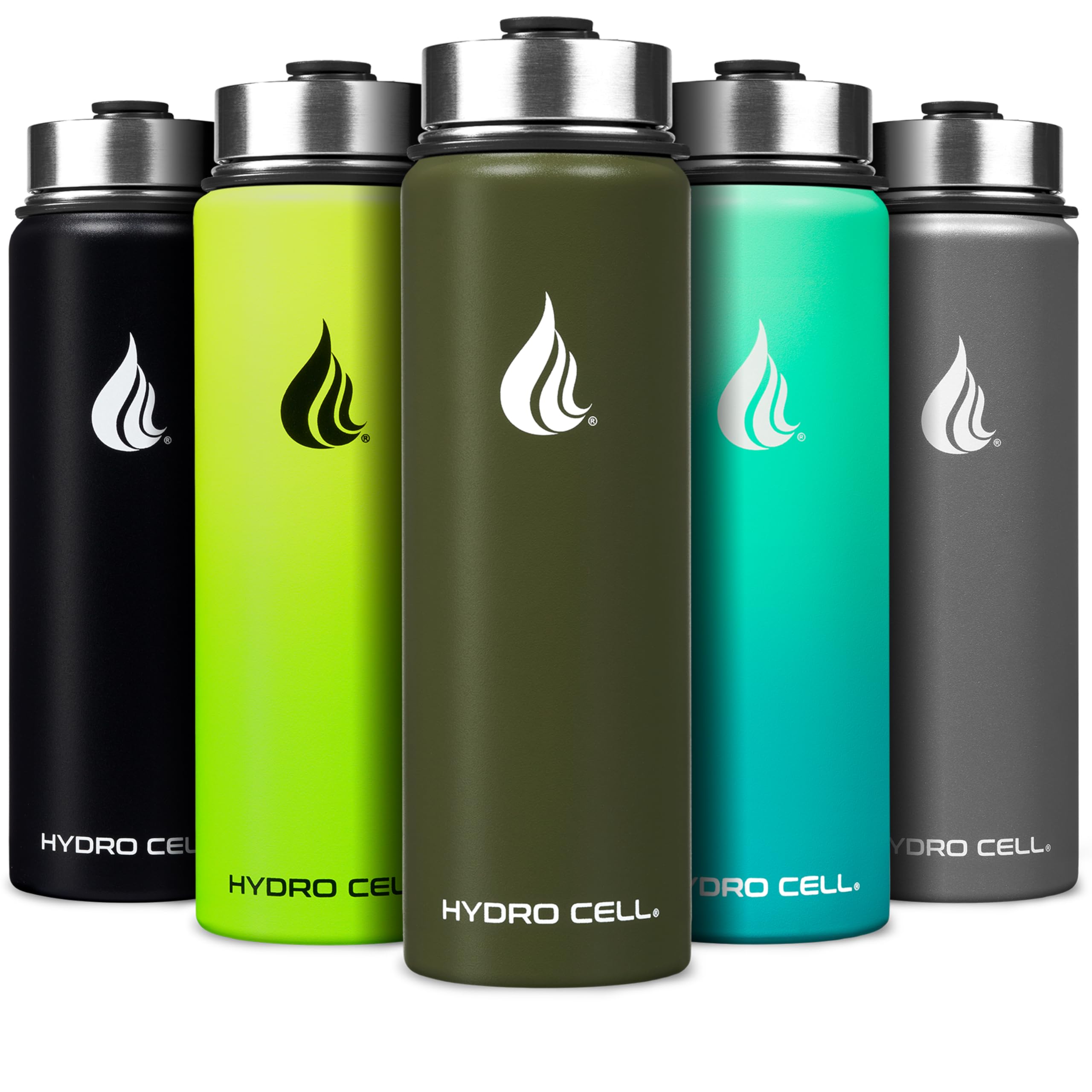 HYDRO CELL Stainless Steel Water Bottle w/Straw & Wide Mouth Lids (40oz 32oz 24oz 18oz) - Keeps Liquids Hot or Cold with Double Wall Vacuum Insulated Sweat Proof Sport Design (Army 24 oz)