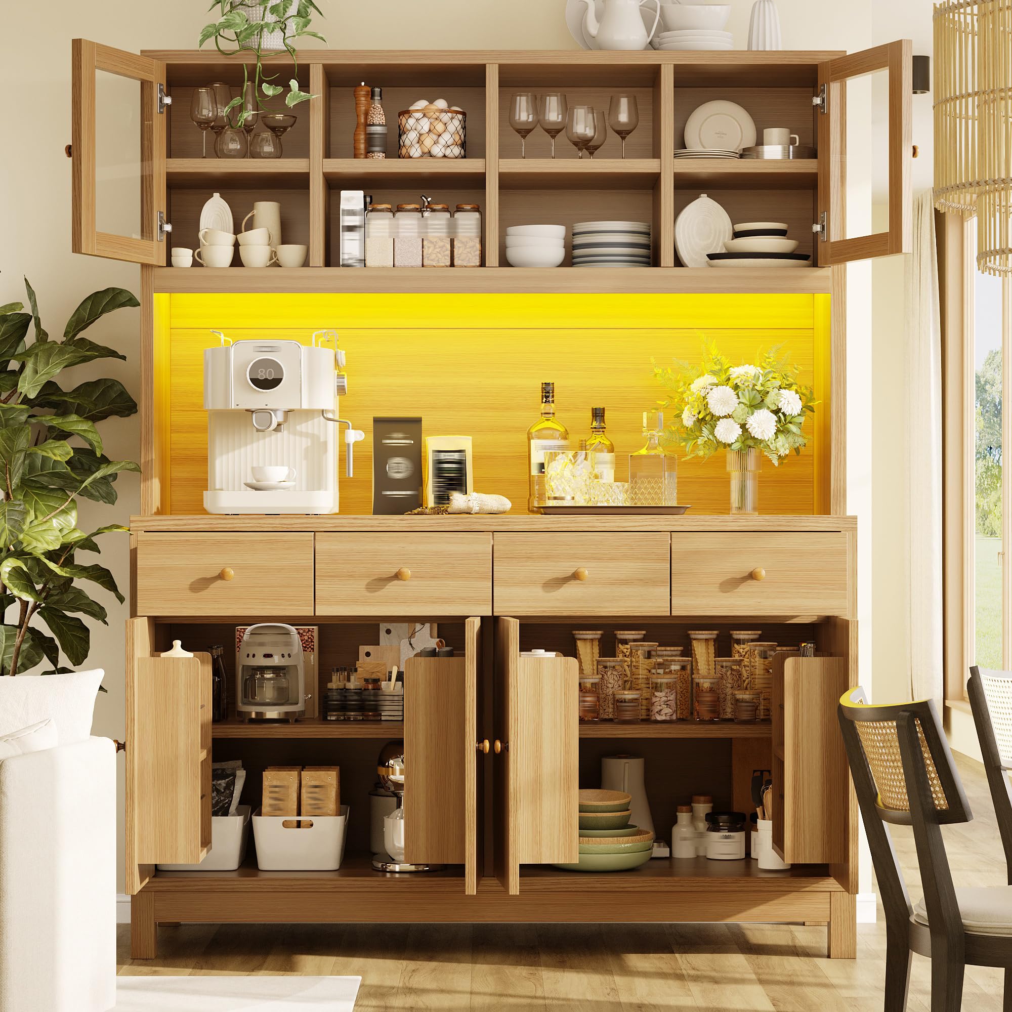 Credenza Cucina Alta con Luce LED, Mobiletto Soggiorno Ristorante