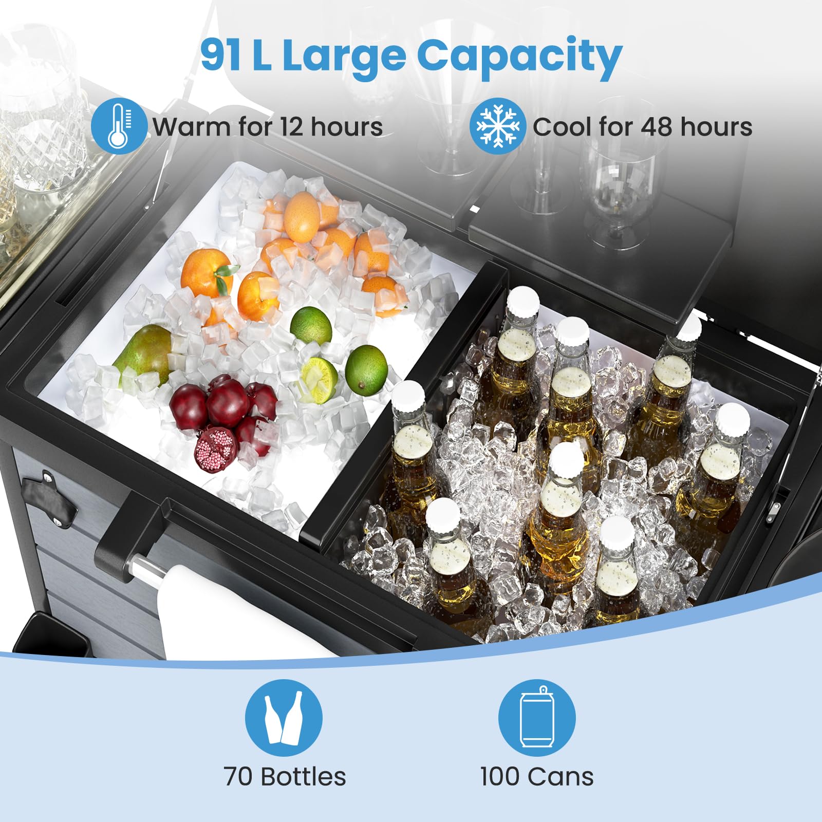 SOARS - Refrigerador con ruedas (91 L, barra exterior móvil, 83 x 50 x 85 cm, con separador extraíble, 2 estantes laterales plegables, 4 ruedas universales, para jardín, terraza, piscina