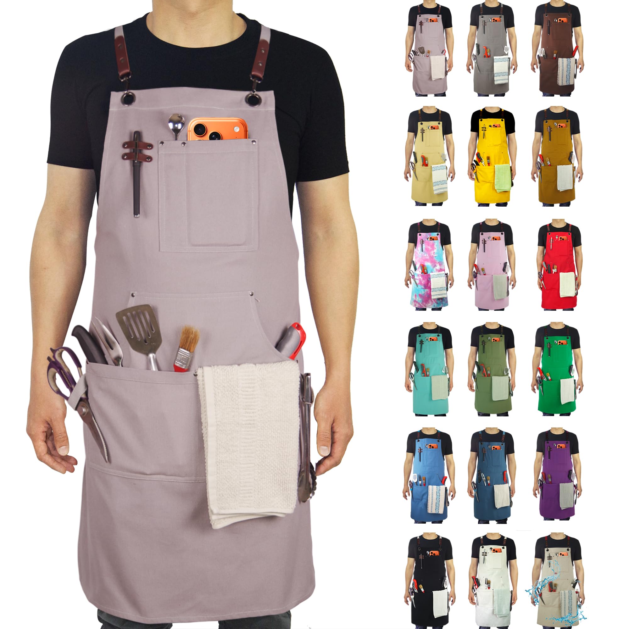 Stenffy Kitchen Apron, Work Apron, Multiple Pockets for Gardening, Artist, Painting, BBQ, Carpenter, Sizes M to XXL, Grey