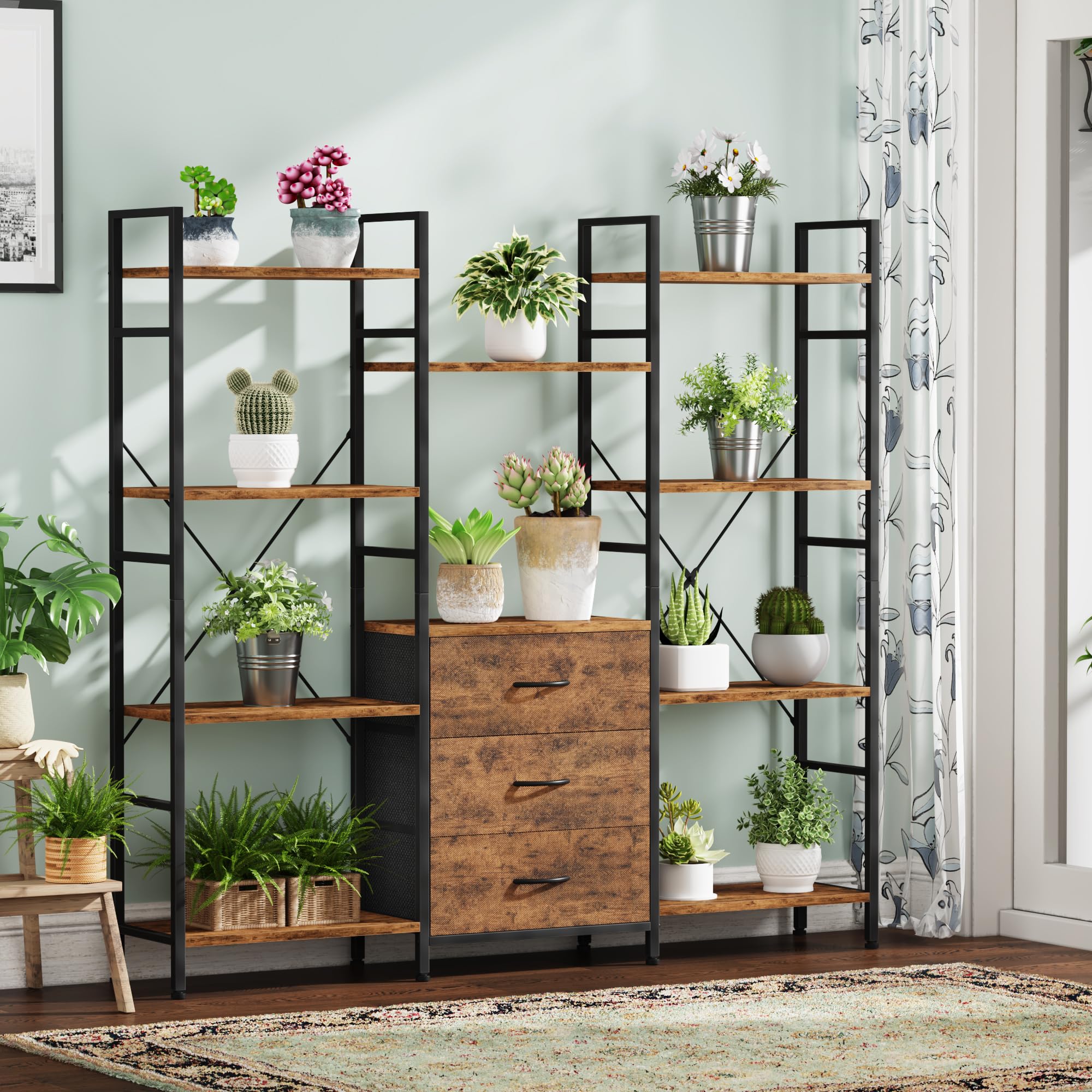 Libreria Estanteria de Alto 120W x142Hcm con 3 Cajones de Tela, Estanteria Libros de 4 Niveles, Estantería Grande de 120 cm de Ancho para Sala de Estar Dormitorio Estudiar Marrón Rústico