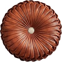 EUCIOR Handmade Brown Faux Leather Round Throw Pillow 15 Inch - Pleated Pumpkin Circle Decor for Couch Bed Living Room