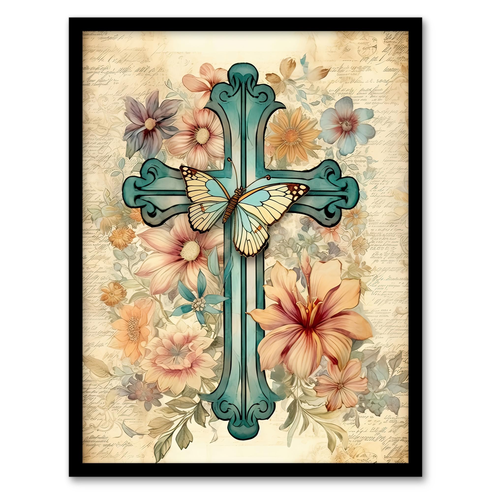 Artery8 Flowery Cross Upcycle Watercolour Painting Pastel Colour Flower Blooms and Butterfly Artwork Framed Wall Art Print A4