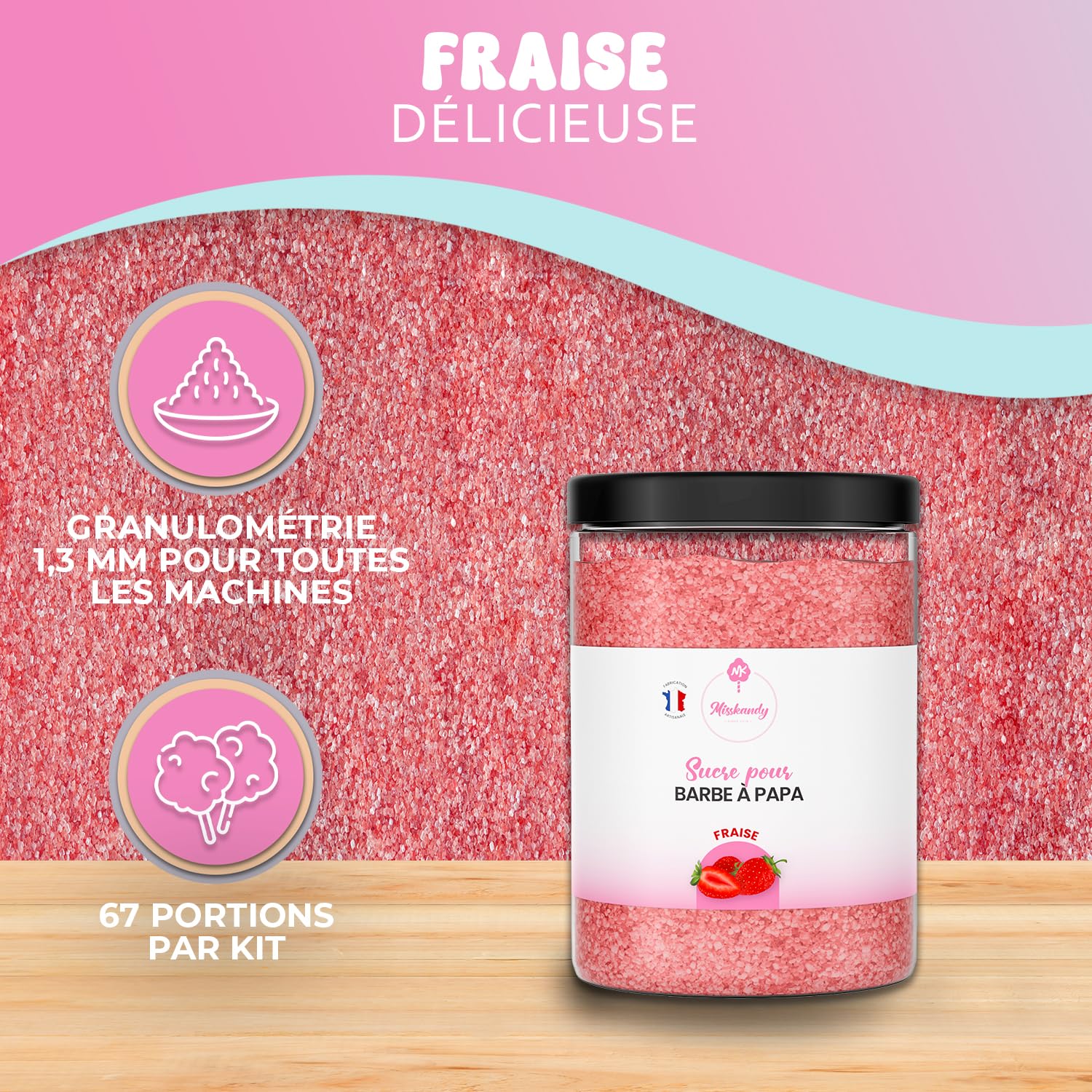 Misskandy®-Sucre Barbe à Papa Fraise 1,340kg (Arôme et Colorant Naturel), pour Machine/poudre barbapapa + 50 bâtonnets (offerts) / Fabriqué en France