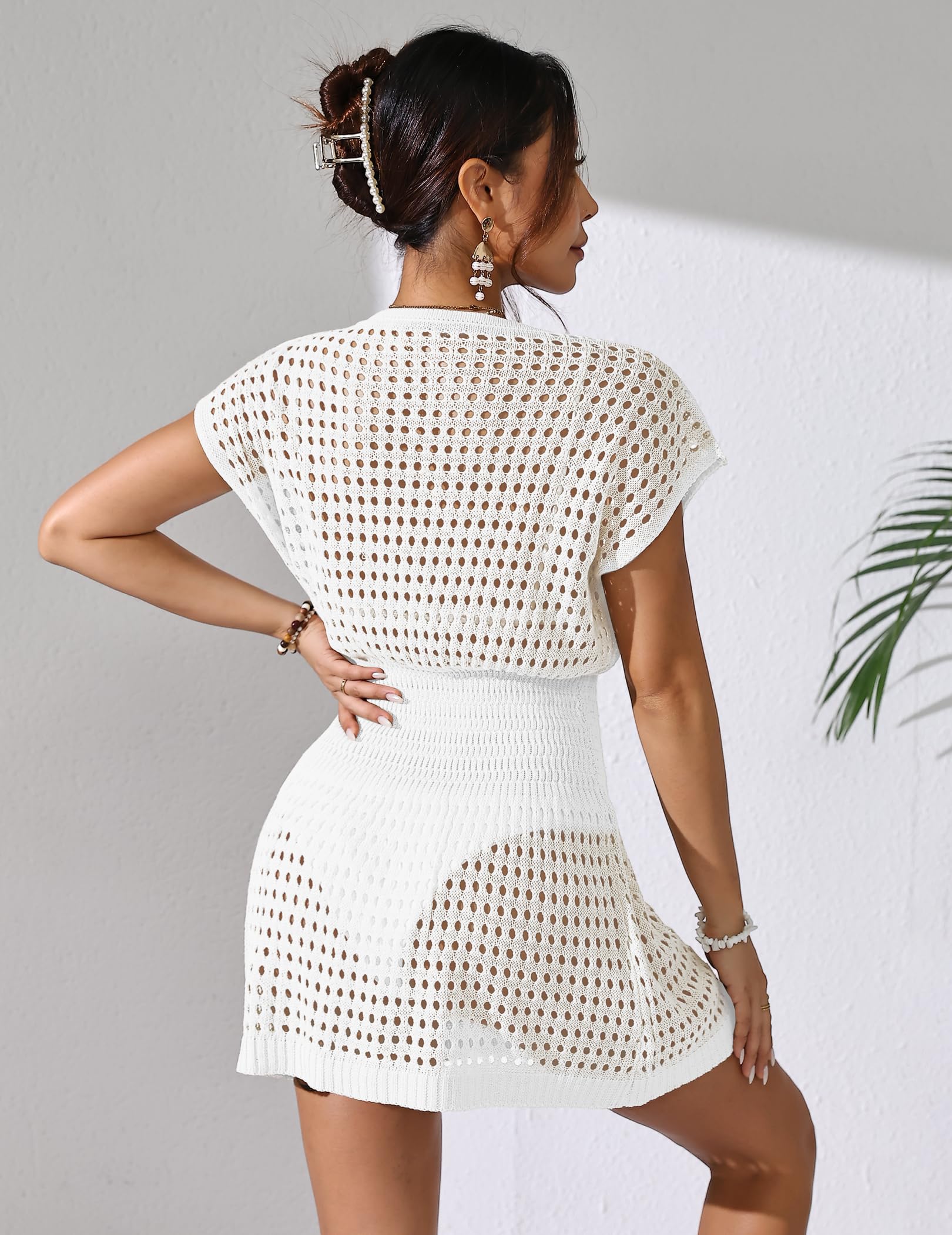 BreathSunny Vestido de playa de punto de ganchillo para mujer, vestido de verano 2025, cuello en V, manga casquillo, cubierta para traje de baño
