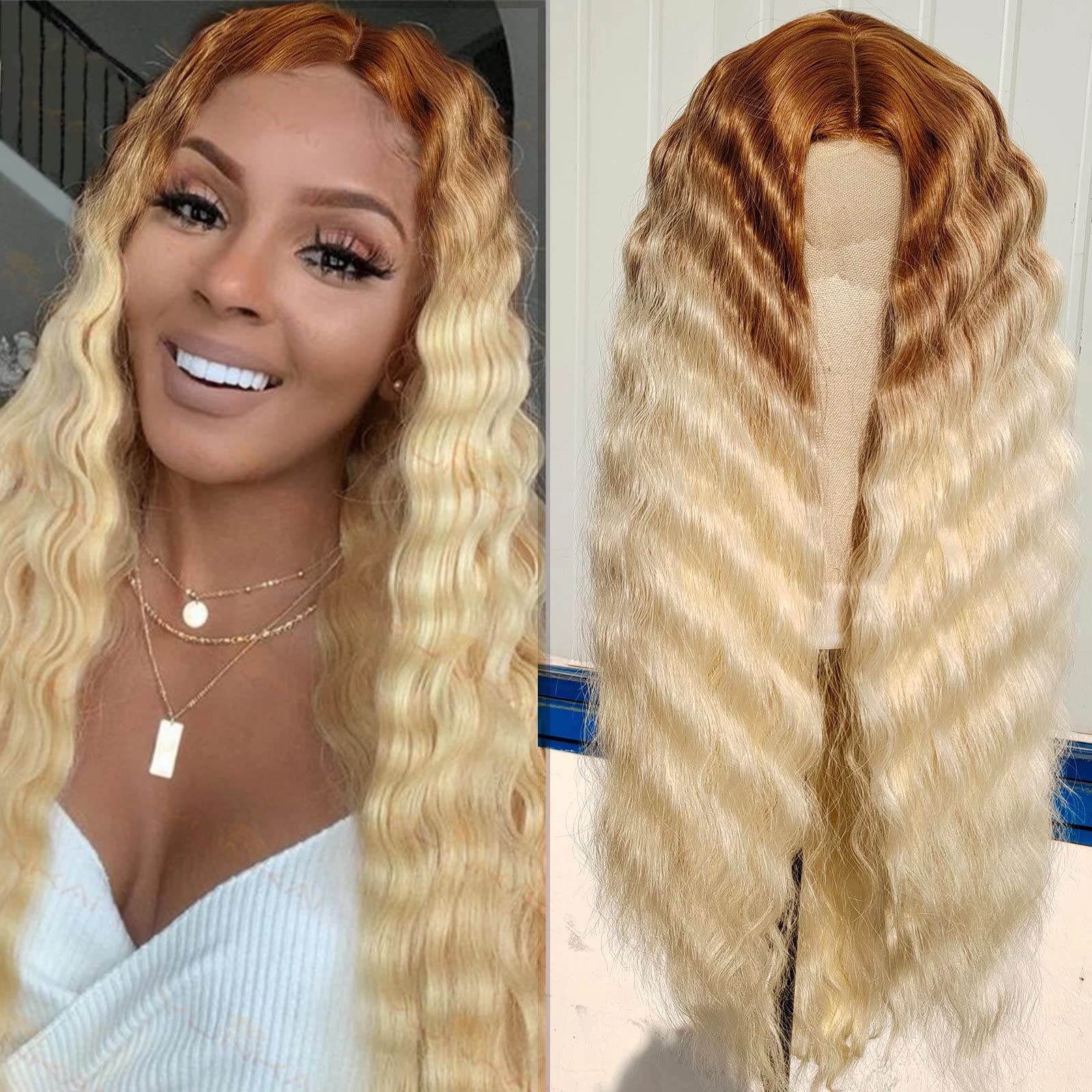 Amazon.com : 28" Ombre Blonde Lace Front Wig Synthetic Hair Long Loose Deep  Wave Wig Middle Part Simulated Scalp Lace Wigs for Black Women Natural  Crimps Curl Synthetic Frontal Wigs Pre Plucked