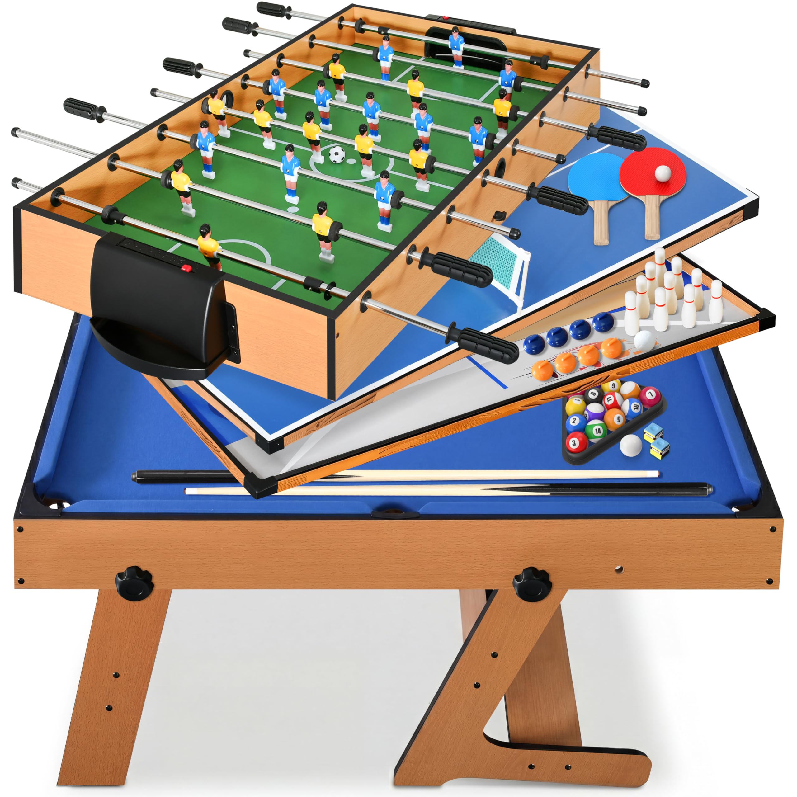 SereneLife Wielofunkcyjny stół do zabawy, 122 cm, sportowa gra zręcznościowa z akcesoriami, ping-pongiem, hokejem, bilardem, piłką nożną, piłkarzykami, wszystko w jednym, do użytku wewnątrz i na