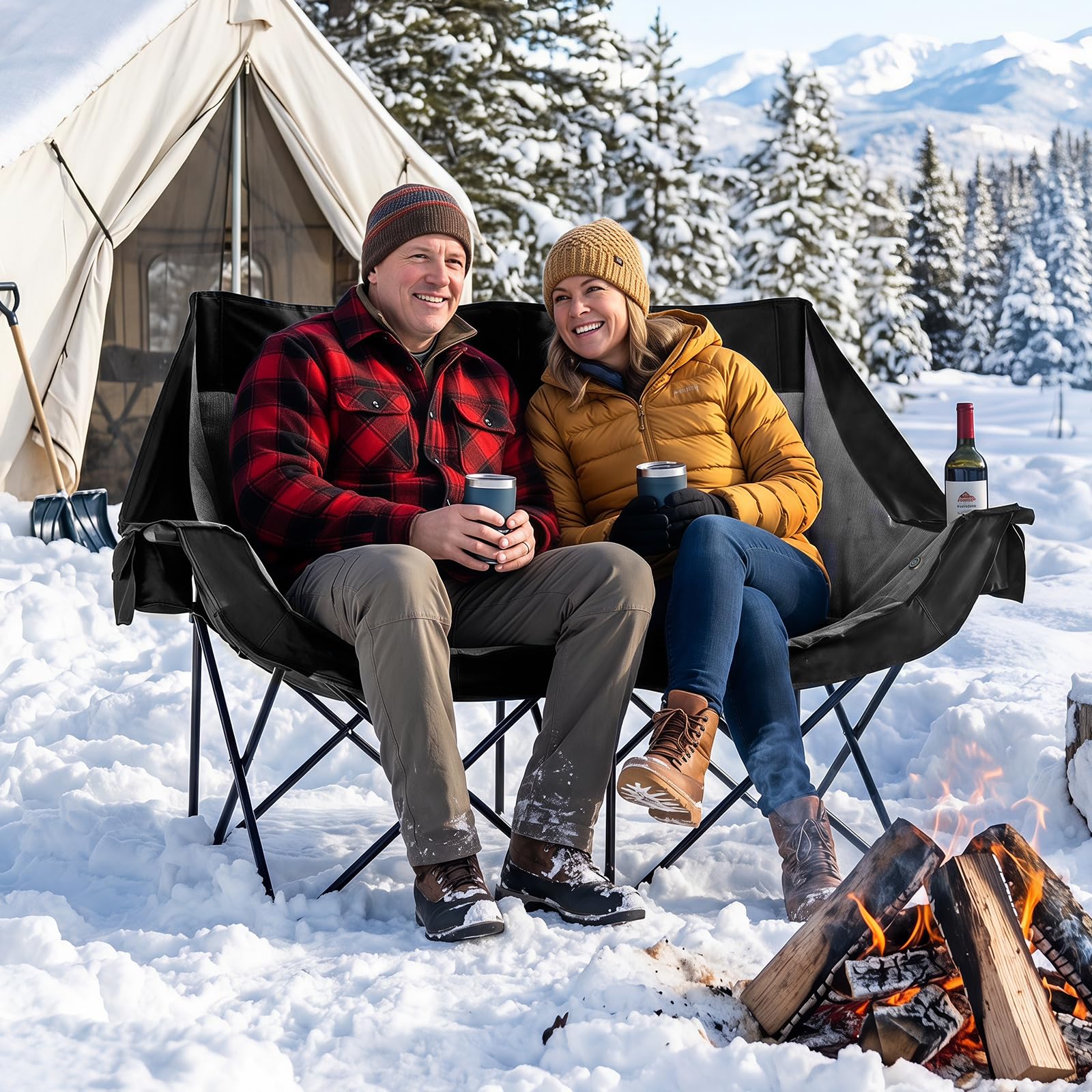COSTWAY Campingstuhl Faltbar mit Heizung, Campingsofa für 2 Personen | Faltsofa mit 3 Heizstufen & 4 Heizzonen, Campingcouch Gepolstert 300KG Belastbar mit Seitentaschen, Glashaltern