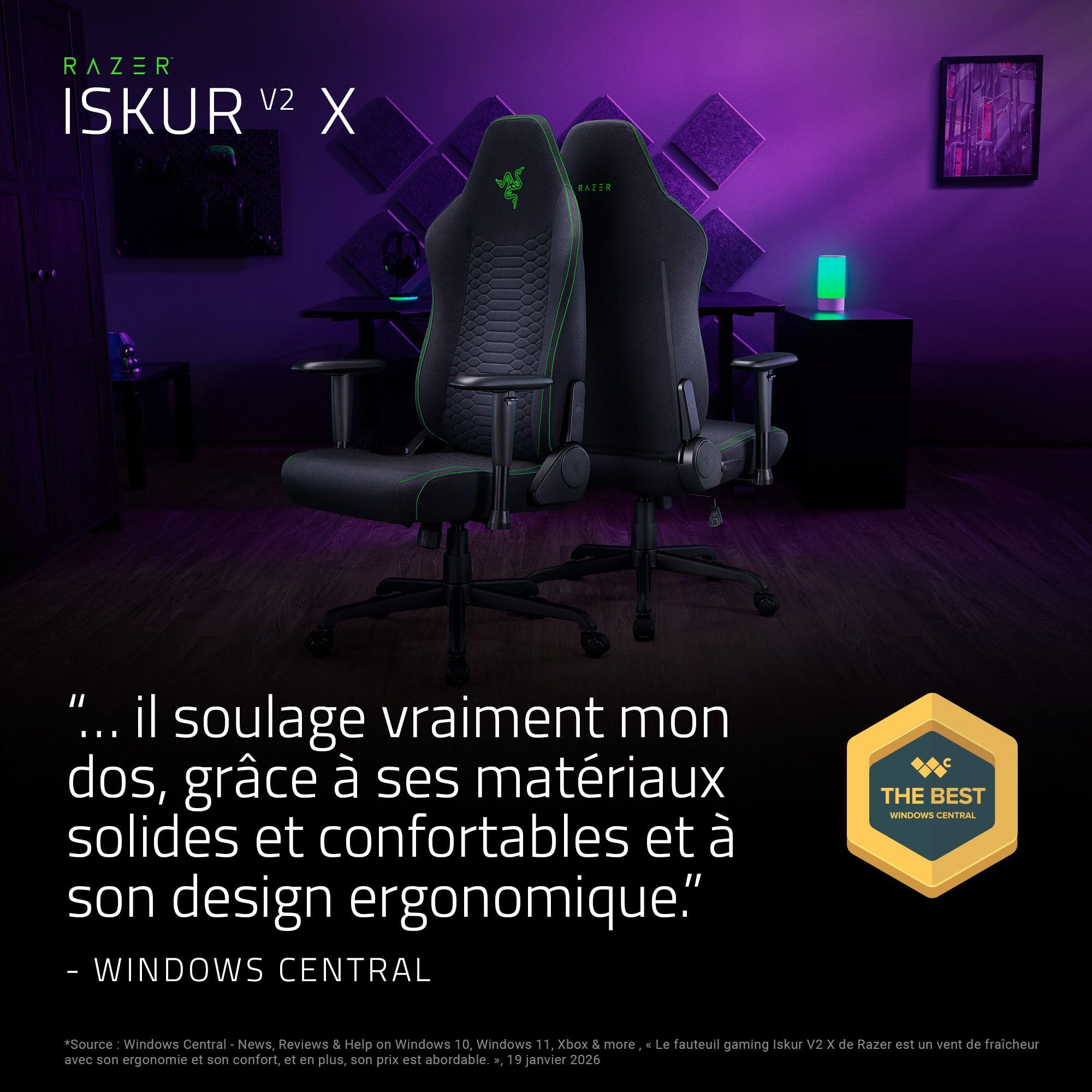 Razer Iskur V2 X - Essential Gaming Chair avec Support Lombaire intégré (Coussins en Mousse moulée Haute densité, accoudoirs en 2D, Tissu avec Finition Douce) Noir