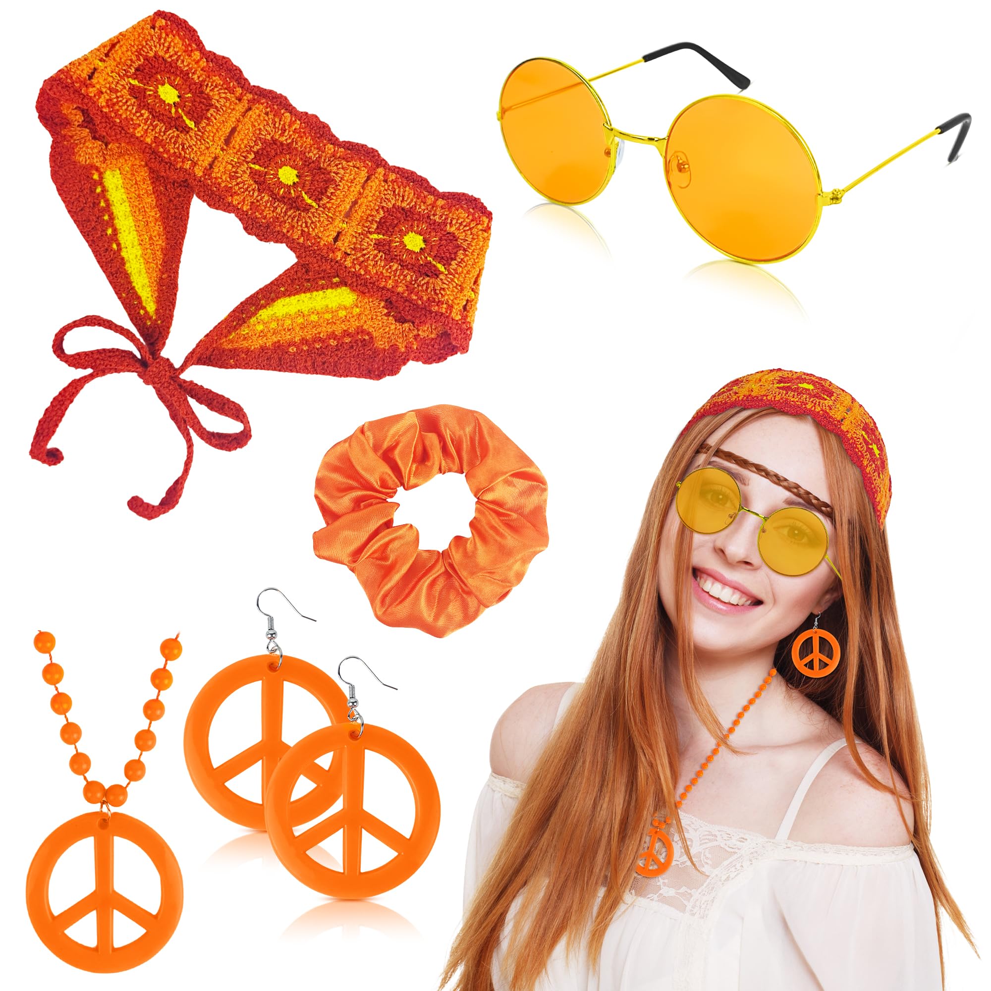 Alaxciax 60s 70s Hippie Accessories for Women Boho Hippie Costume with Flower Knit Headband Peace Sign Necklace Groovy Disco Outfits for Party Cosplay