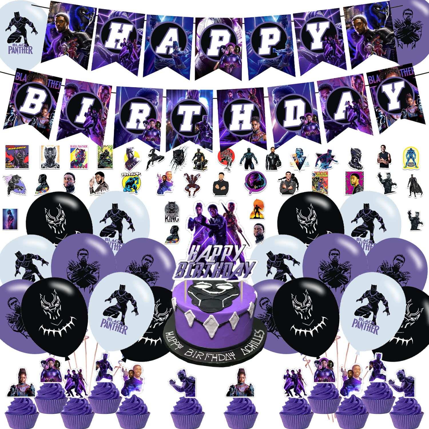 The Black Panther Party Decorations,Birthday Party Supplies For Black Panther Party Supplies Includes Banner - Cake Topper - 12 Cupcake Toppers - 18 Balloons - 50 Stickers