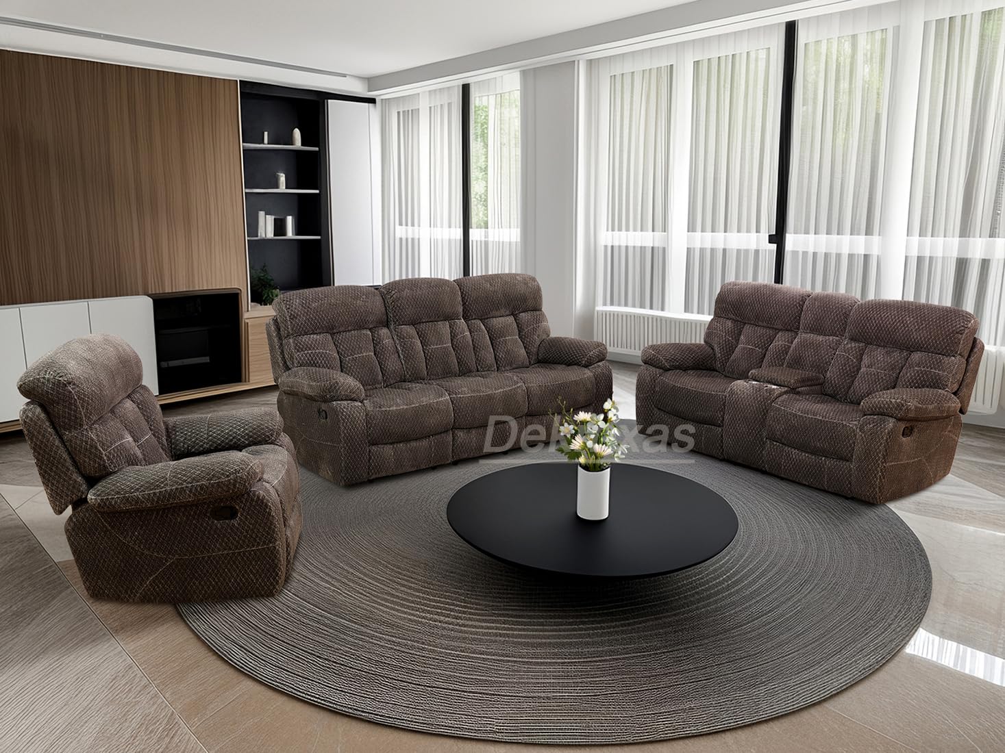 Dekmxas Living Room Furniture Sets, Manual Reclining Sofa, Dark Brown Microfiber Recliner Sofa, Loveseat and Chair with Drop-Down Table, Cup Holders