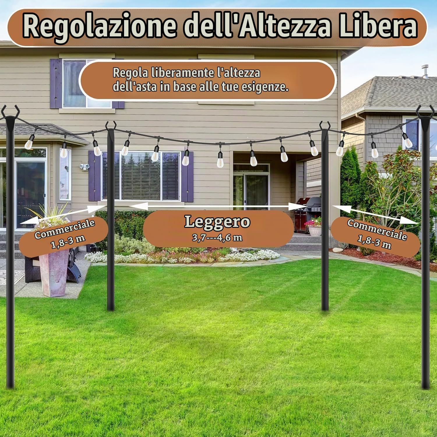 Pali di Supporto per Luci Esterno, 2 Pezzi 3M (10FT) per Ghirlande Luminose da Giardino, Pali in Metallo con Base a 5 Raggi, Antiruggine e Facile Installazione per Terrazzo, Feste e Decorazioni