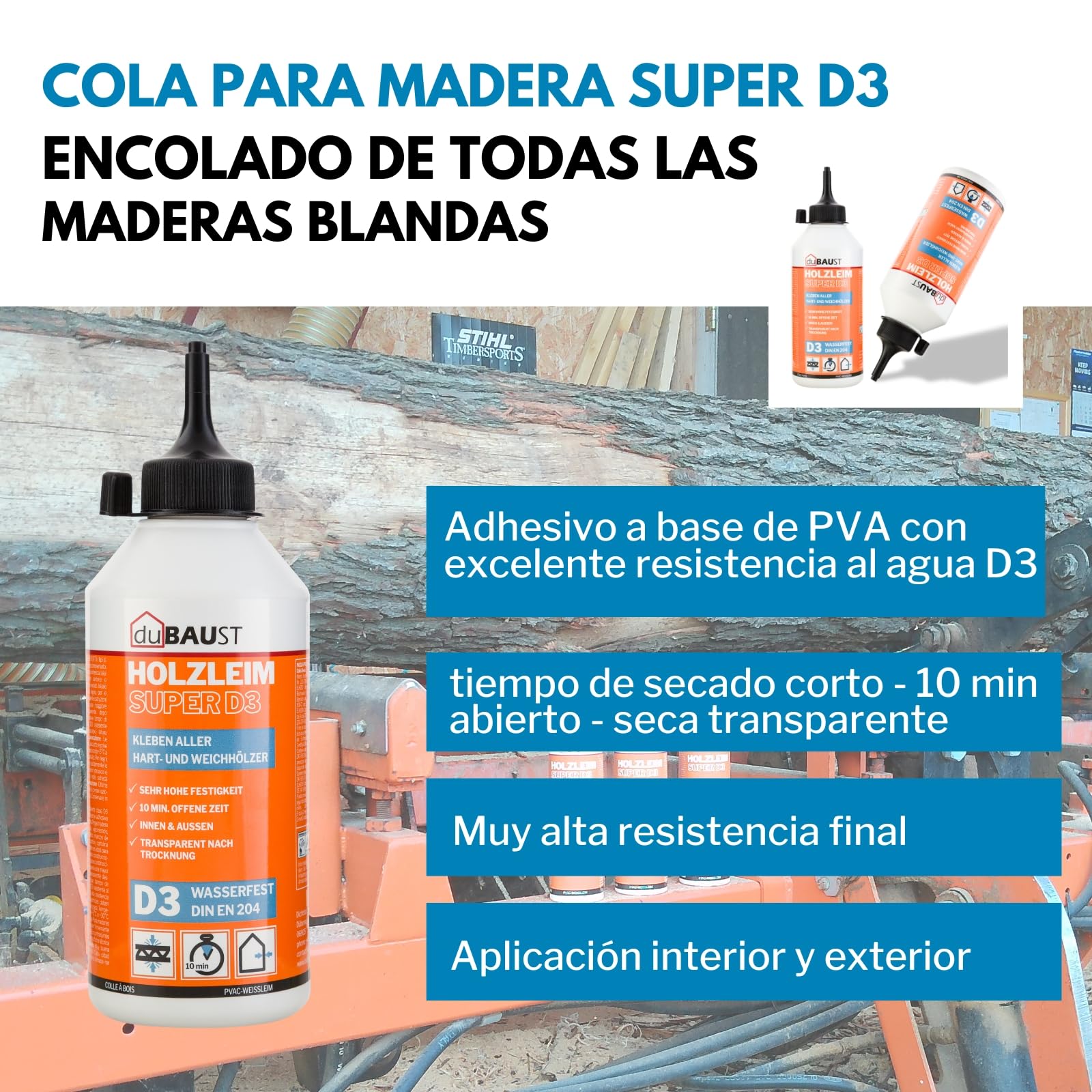 WOD24 - Pegamento para madera D3 de secado rápido, resistente al agua, para madera dura y madera blanda, color blanco – transparente después del endurecimiento (1, botella de 500 g)
